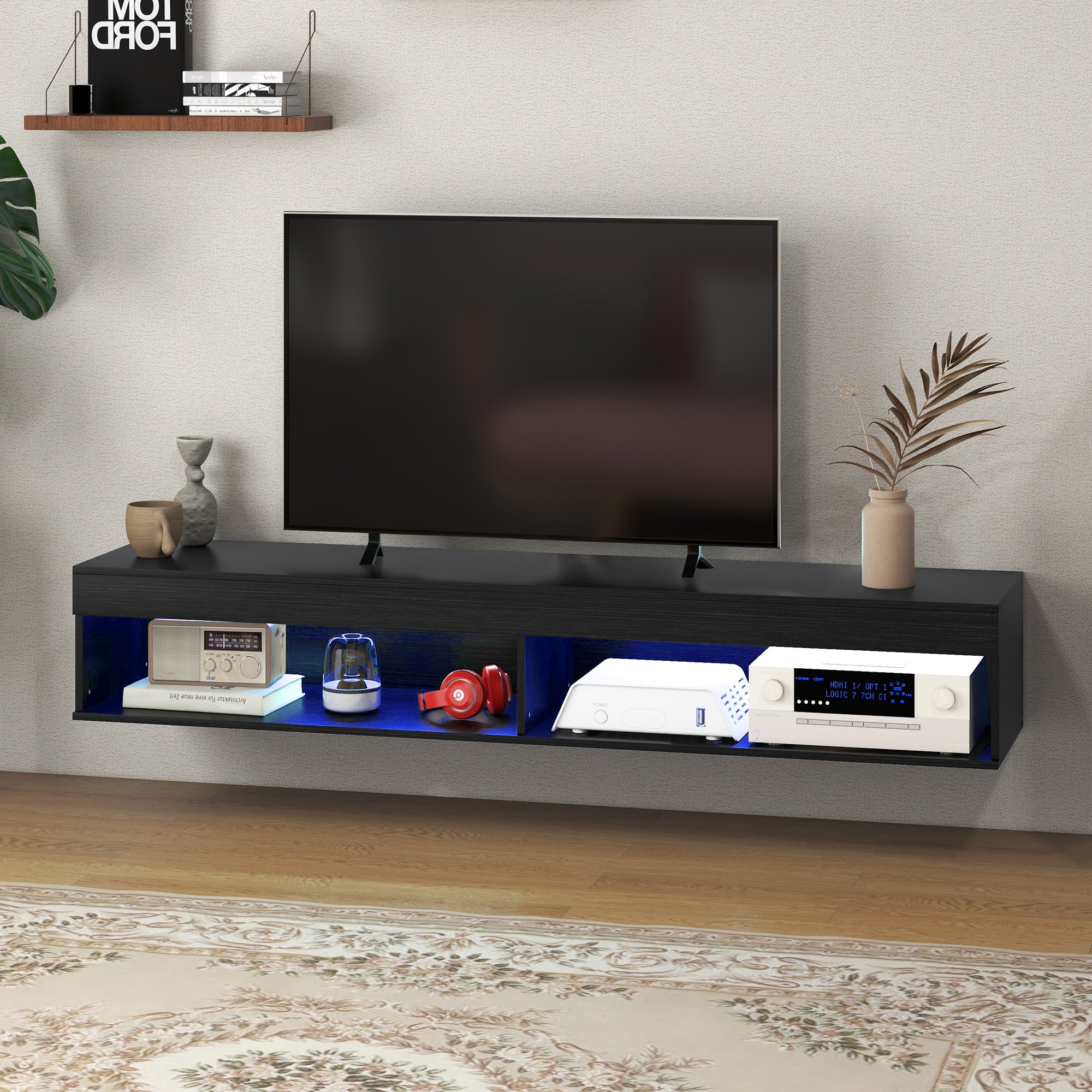 HOMCOM Modern Wall Mounted TV Stand with Storage and LED Lights for TVs up to 75", Floating TV Shelf for Living Room, Black