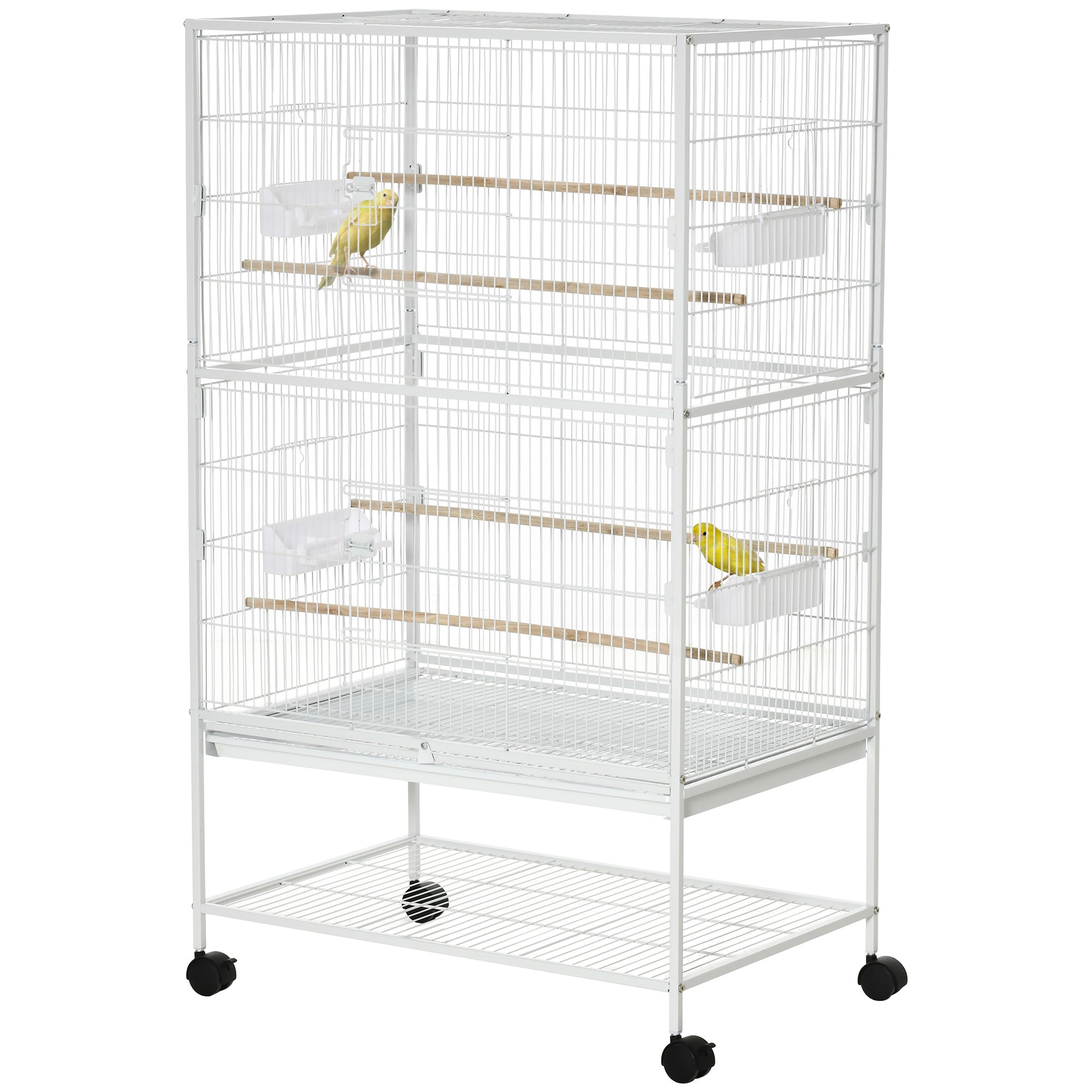 PawHut 52" Large Rolling Steel Bird Cage Bird House with Rolling Stand, Storage Shelf, Wood Perch, Food Container, White