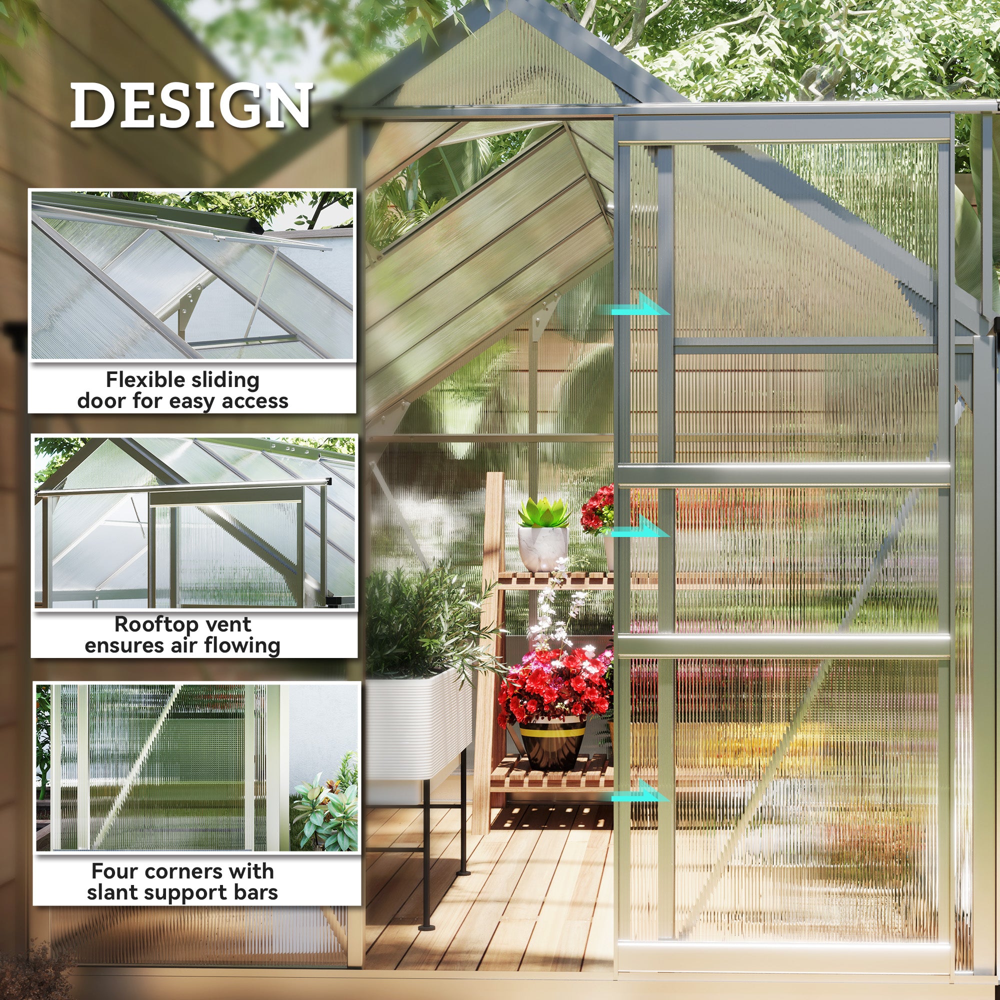 Outsunny 6' x 10' x 6.6' Polycarbonate Greenhouse, Walk-In Green House Kit Garden, Plants Grow, Galvanized Sheet Aluminum Frame with Rain Gutter, Vents and Sliding Door, Sliver