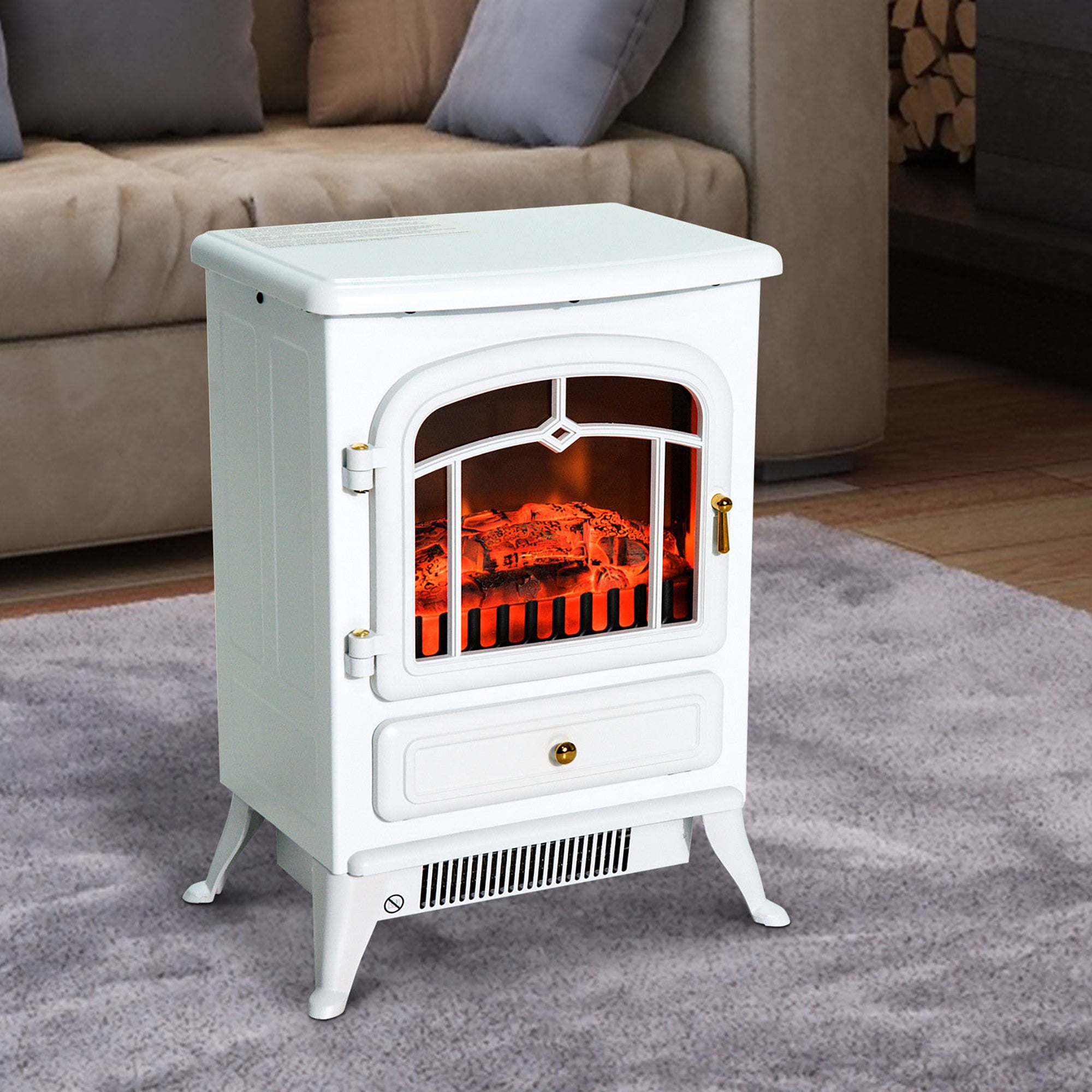 HOMCOM 16" Free Standing Electric Fireplace Portable Adjustable Stove with Heater Wood Burning Flame 750/1500W White
