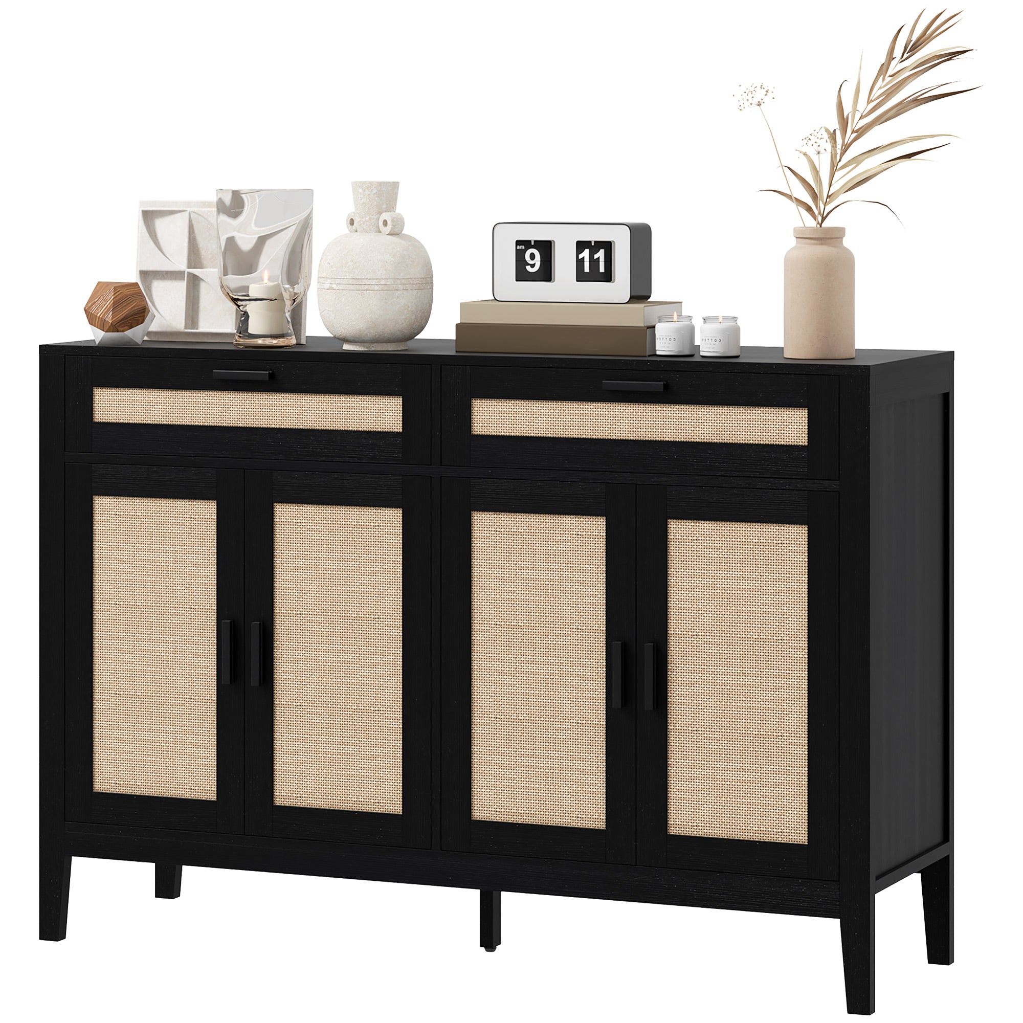 HOMCOM Kitchen Sideboard Cabinet, Boho Buffet Table with Decorative Rattan Doors and Drawers for Dining Room, Black