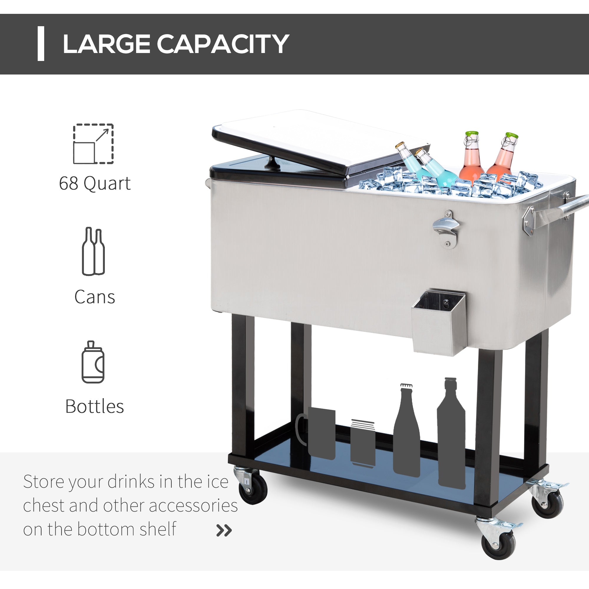 Outsunny 80 Quart Rolling Cooler Cart Portable Patio Ice Beer Beverage Cooling Bin for Outdoor Party w/ Bottle Opener & Storage Shelf Silver
