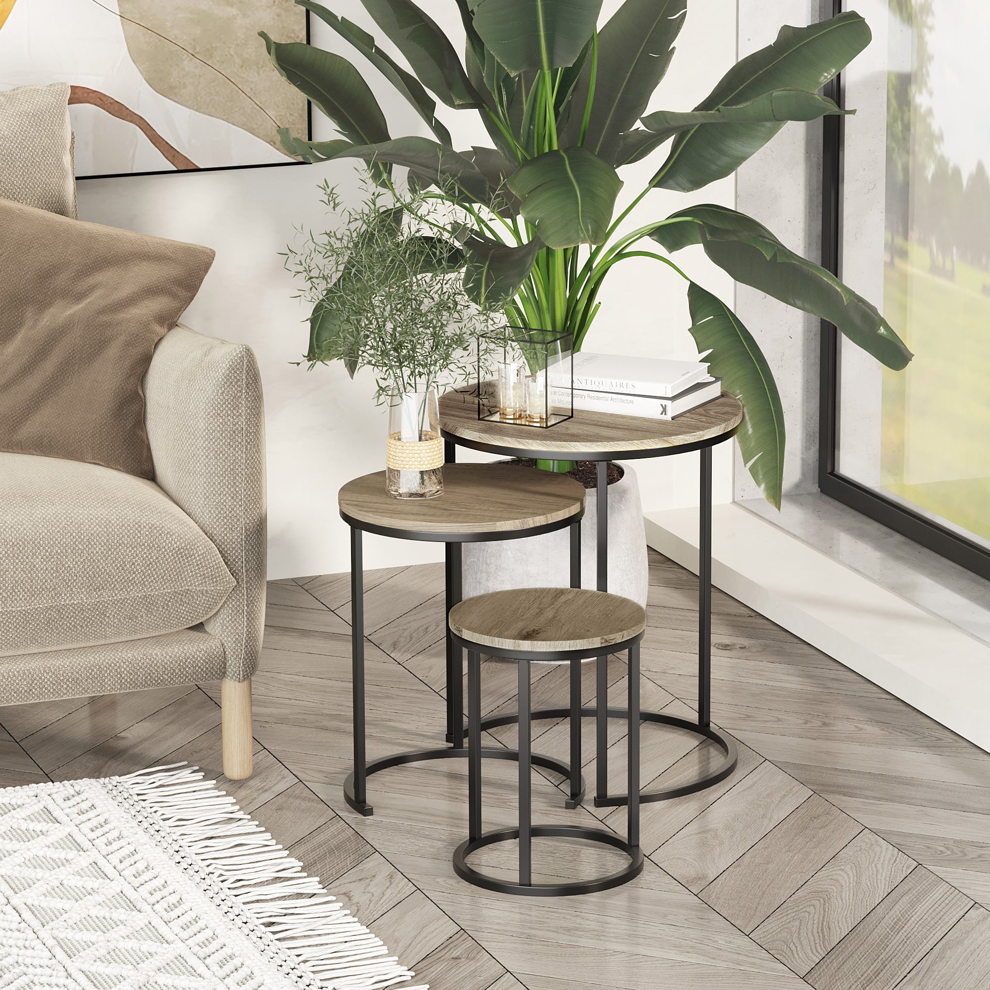 HOMCOM Nesting Tables Set of 3, Round Coffee Table, Stacking Side Tables with Steel Frame for Living Room