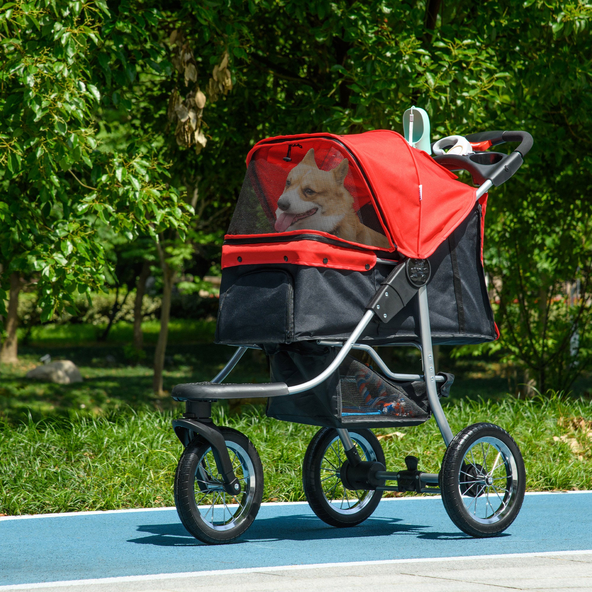 PawHut Luxury Pet Stroller Lightweight Dog Cat Travel Carriage with 3-Rubber Wheels, One-click Folding Design, Adjustable Canopy, Zippered Mesh Window Door, Red