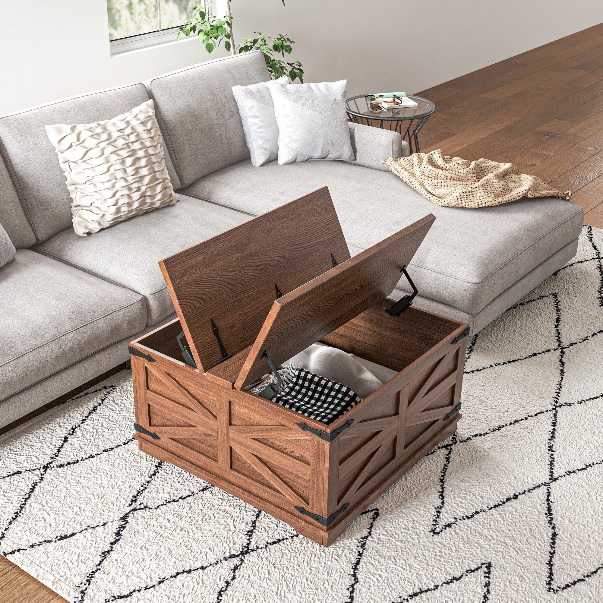 HOMCOM Farmhouse Coffee Table, Square Center Table with Flip-top Lids, Hidden Storage Compartment, Brown