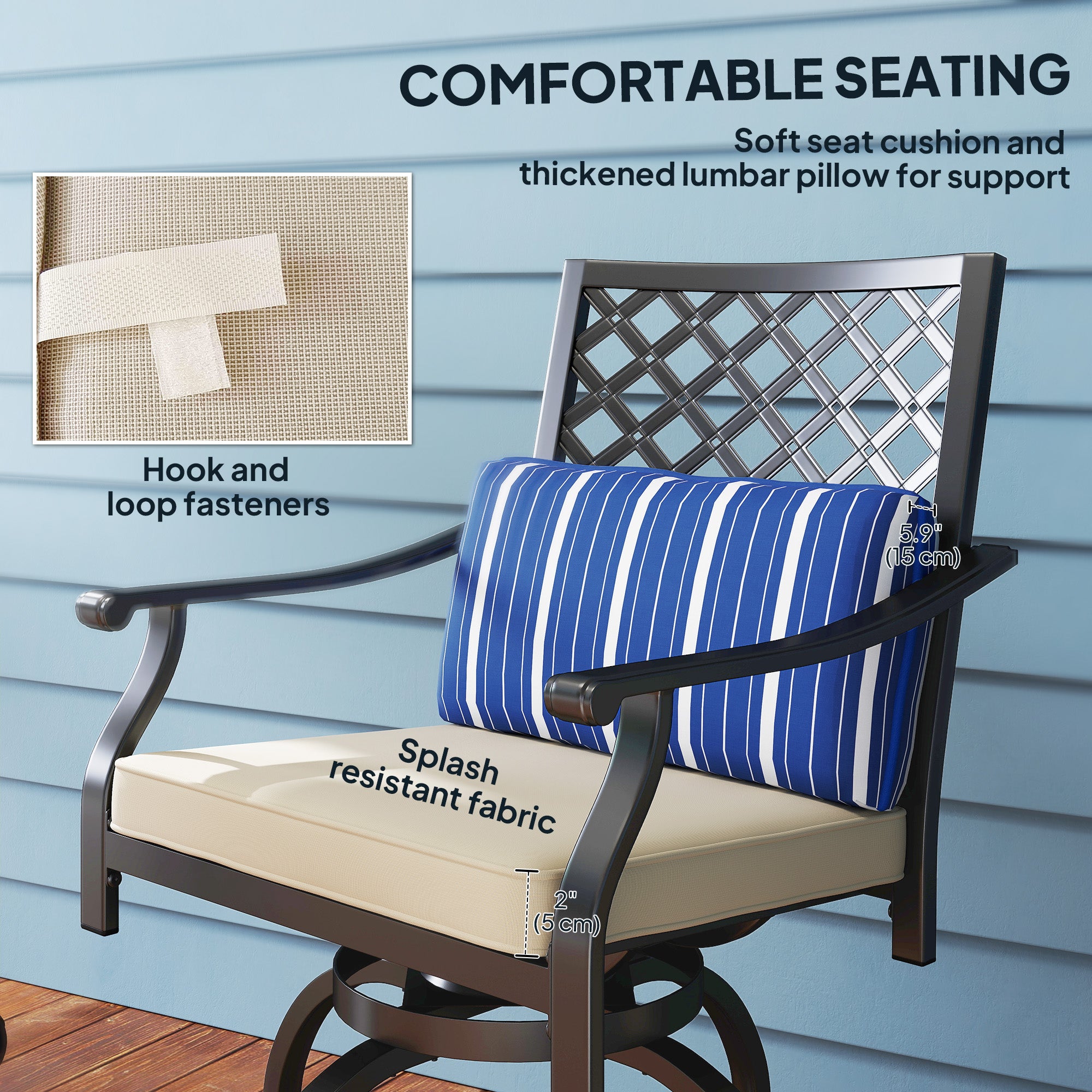Outsunny Outdoor Bar Stools Set of 2, Bar Height Swivel Patio Chairs with Cushion, Pillow Footrest for Poolside, Backyard