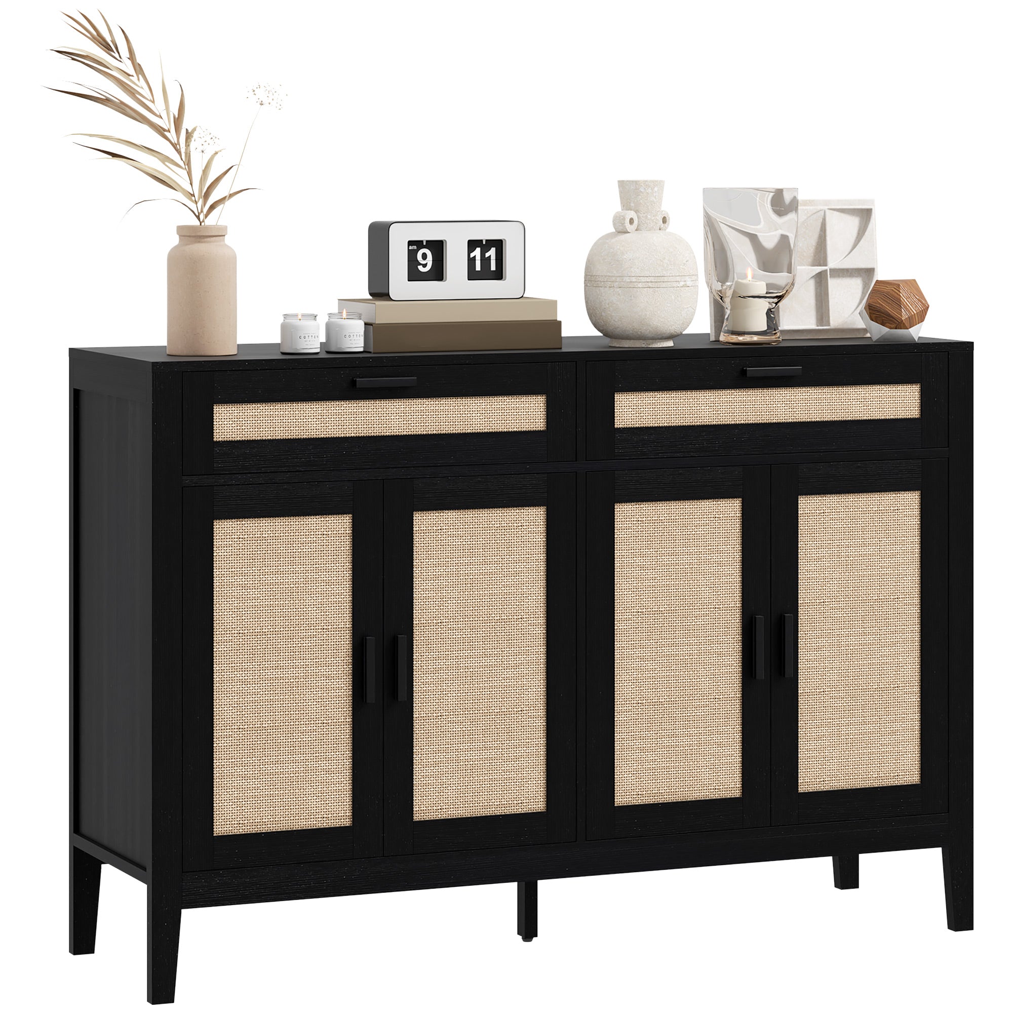 HOMCOM Kitchen Sideboard Cabinet, Boho Buffet Table with Decorative Rattan Doors and Drawers for Dining Room, Black