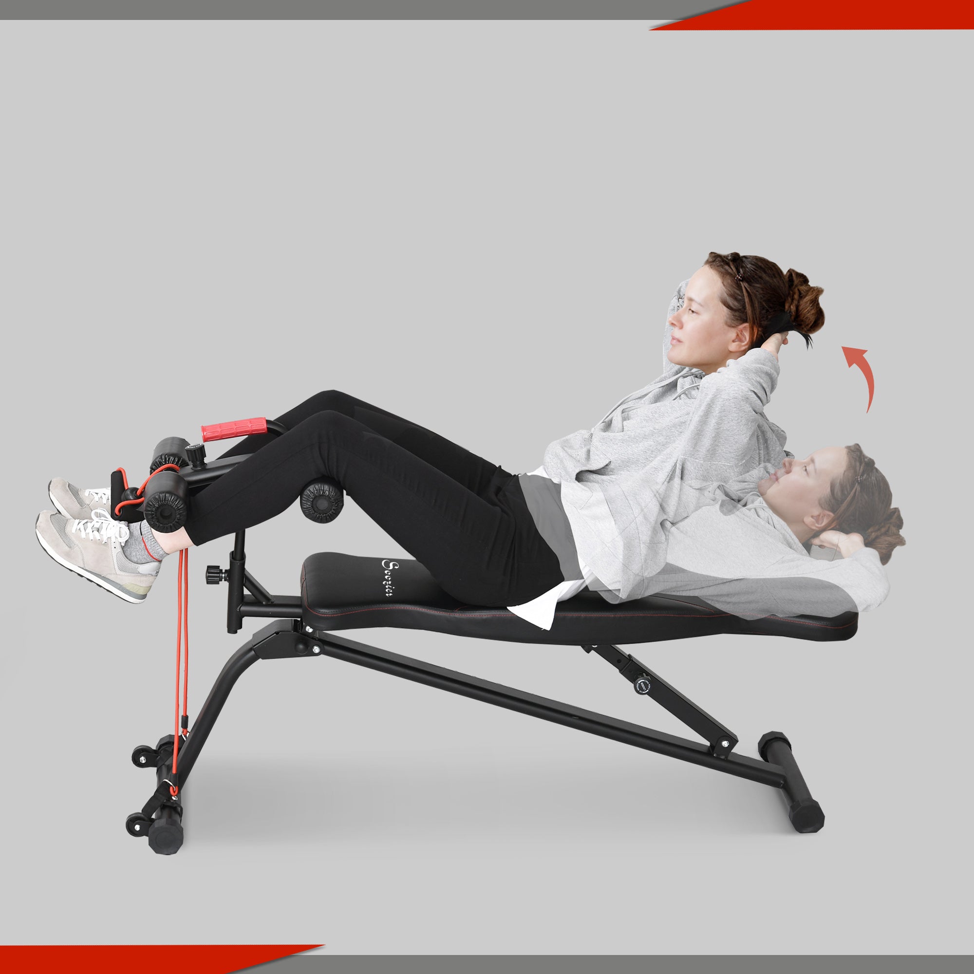Soozier Foldable Sit Up Bench with Resistant Bands, Decline Slant Bench with 4 Adjustable Height, Reverse Crunch Handle, Strength Training Workout Bench