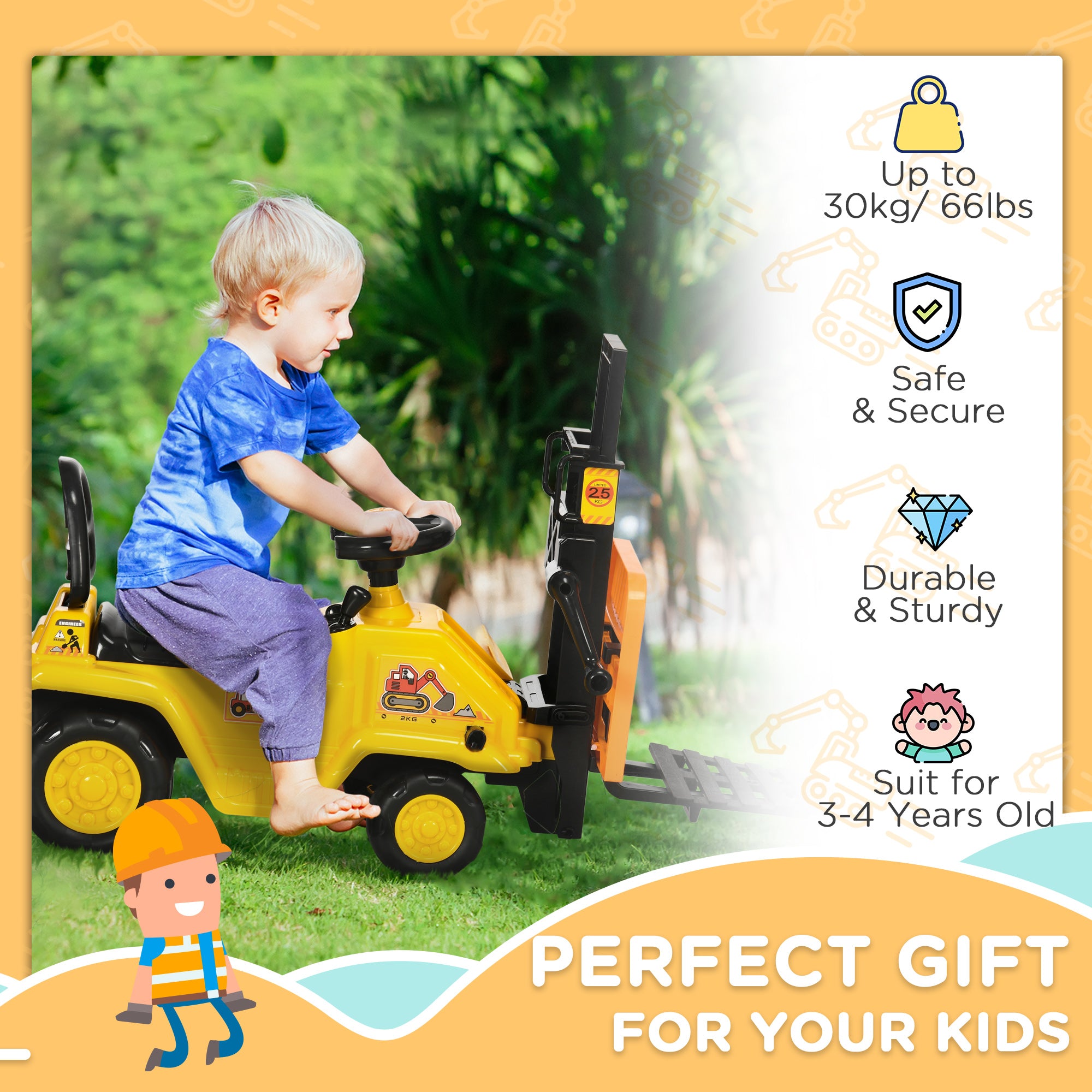 Aosom Ride On Forklift Toy No Power Construction Truck with Fork Tray Storage, for 3-4 Years Old, 33.9"x10.8"x 18.7", Yellow