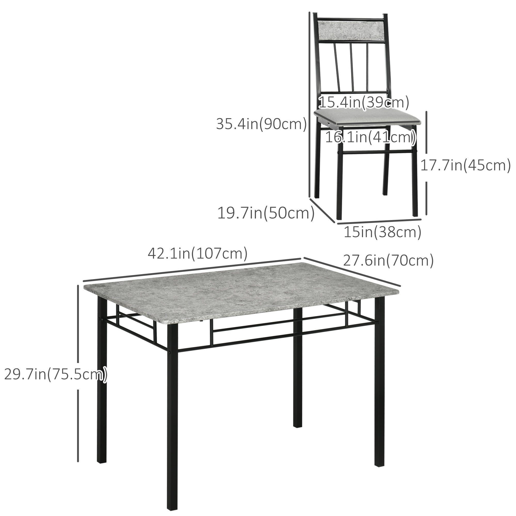 HOMCOM 5 Pieces Diner Tables Dining Room Sets for 4 People with Marble Effect Tabletop Padded Chairs and Metal Frame Grey