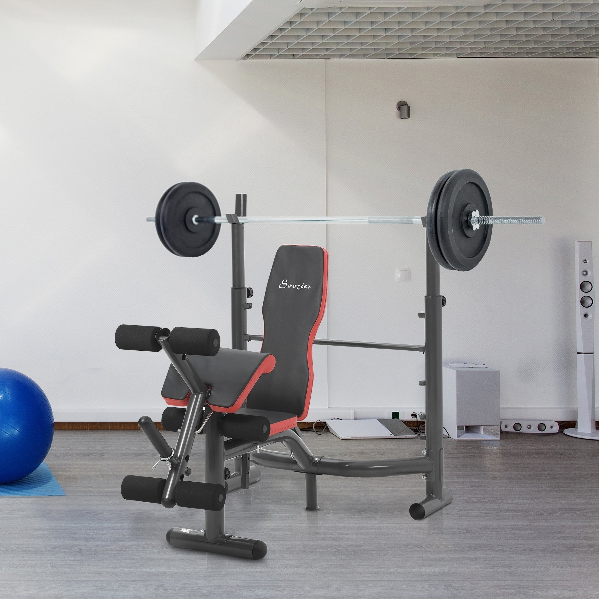 Soozier Press Bench, Heavy Duty Multiple Function Workout Adjustable Bench with Preacher Curl, Leg Developer