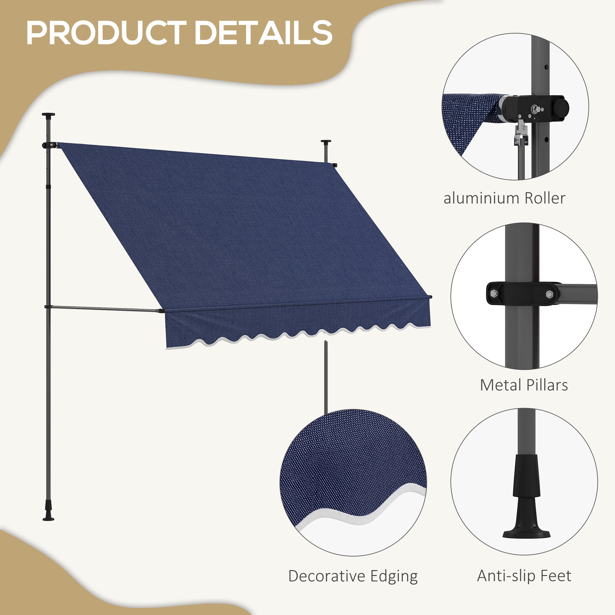 Outsunny 10' x 3' Manual Retractable Awning, Non-Screw Freestanding Patio Awning, UV Resistant, for Window or Door, Blue