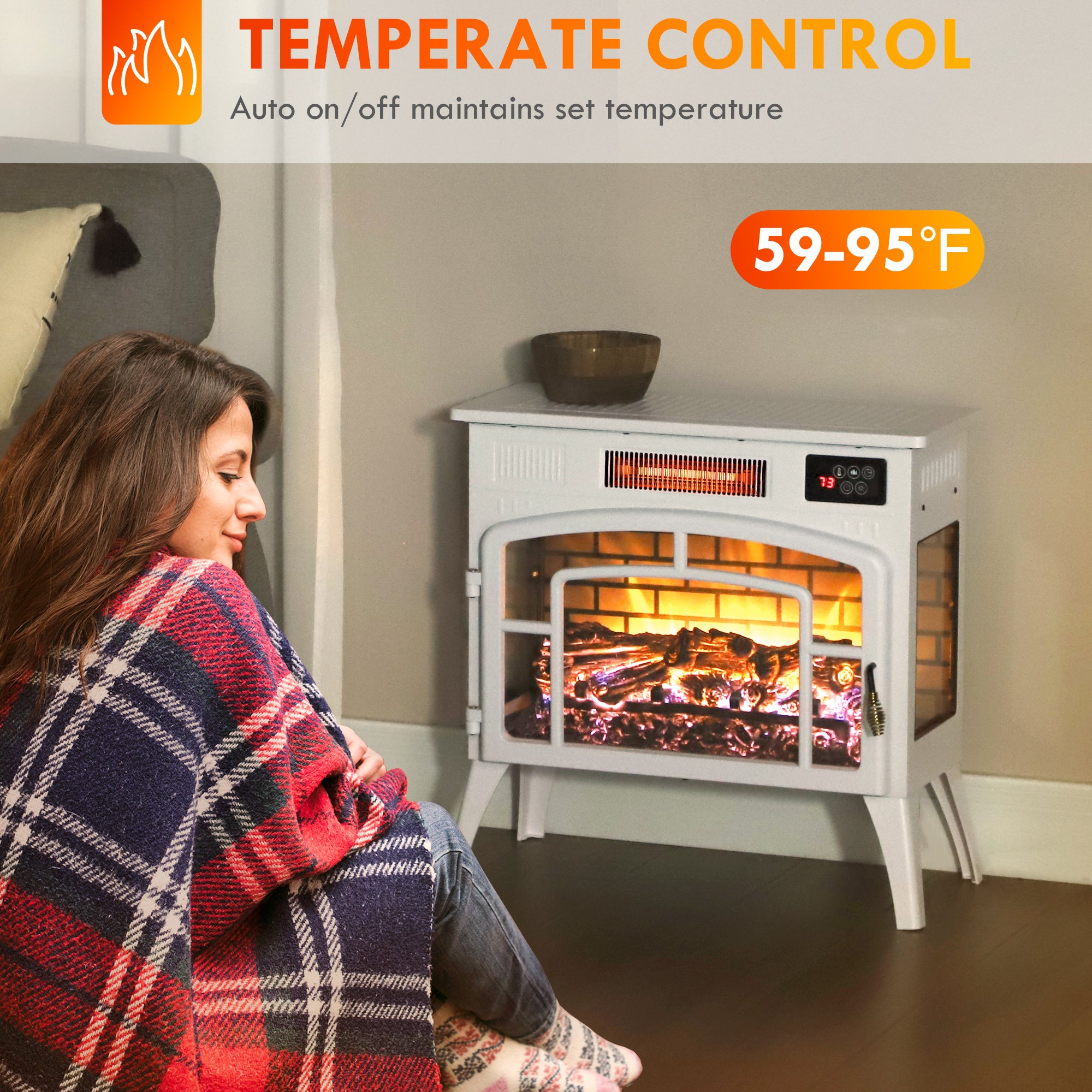 HOMCOM Electric Fireplace Stove, Infrared Fireplace Heater with Realistic Flame, Adjustable Temperature, 1500W, White