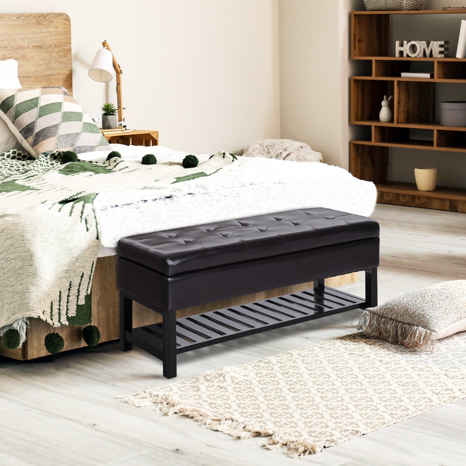 HOMCOM 44" PU Leather Tufted Ottoman Shoe Bench Storage Chest Hallway Brown