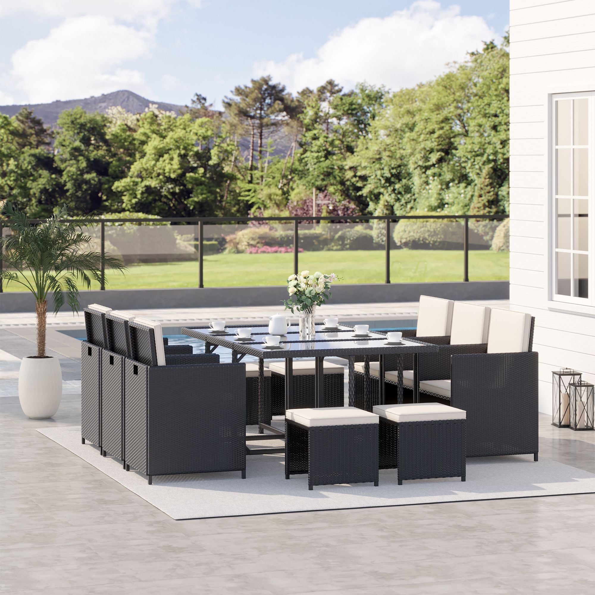 Outsunny 11 Pieces Wicker Patio Dining Set, Space-saving Outdoor Furniture Set with Removable Cushions, Glass Top Dining Table, 6 Armchairs, 4 Ottomans, PE Rattan Conversation Set