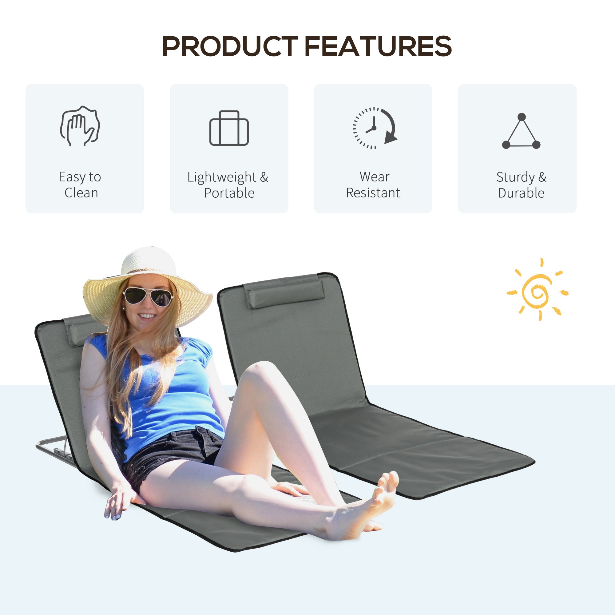 Outsunny Set of 2 Sun Lounger Beach Mat Folding Lounge Chair Mat with Adjustable Back Steel Frame Head Pillow Carry Bag Grey