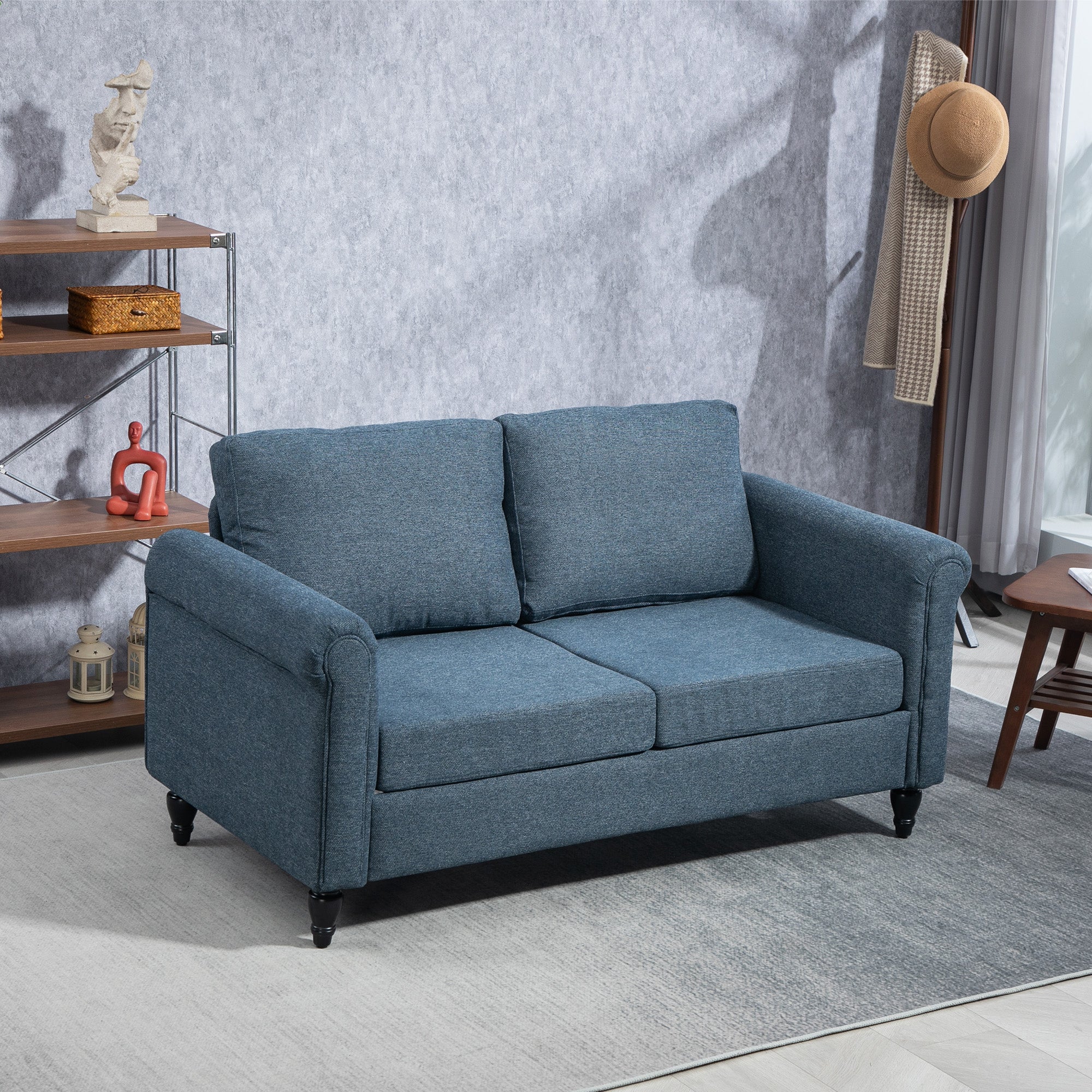 HOMCOM Vintage Loveseat, Upholstered Love Seat Furniture, Fabric 2 Seater Sofa with Rolled Arms, Rubber Wood Legs, Dark Blue