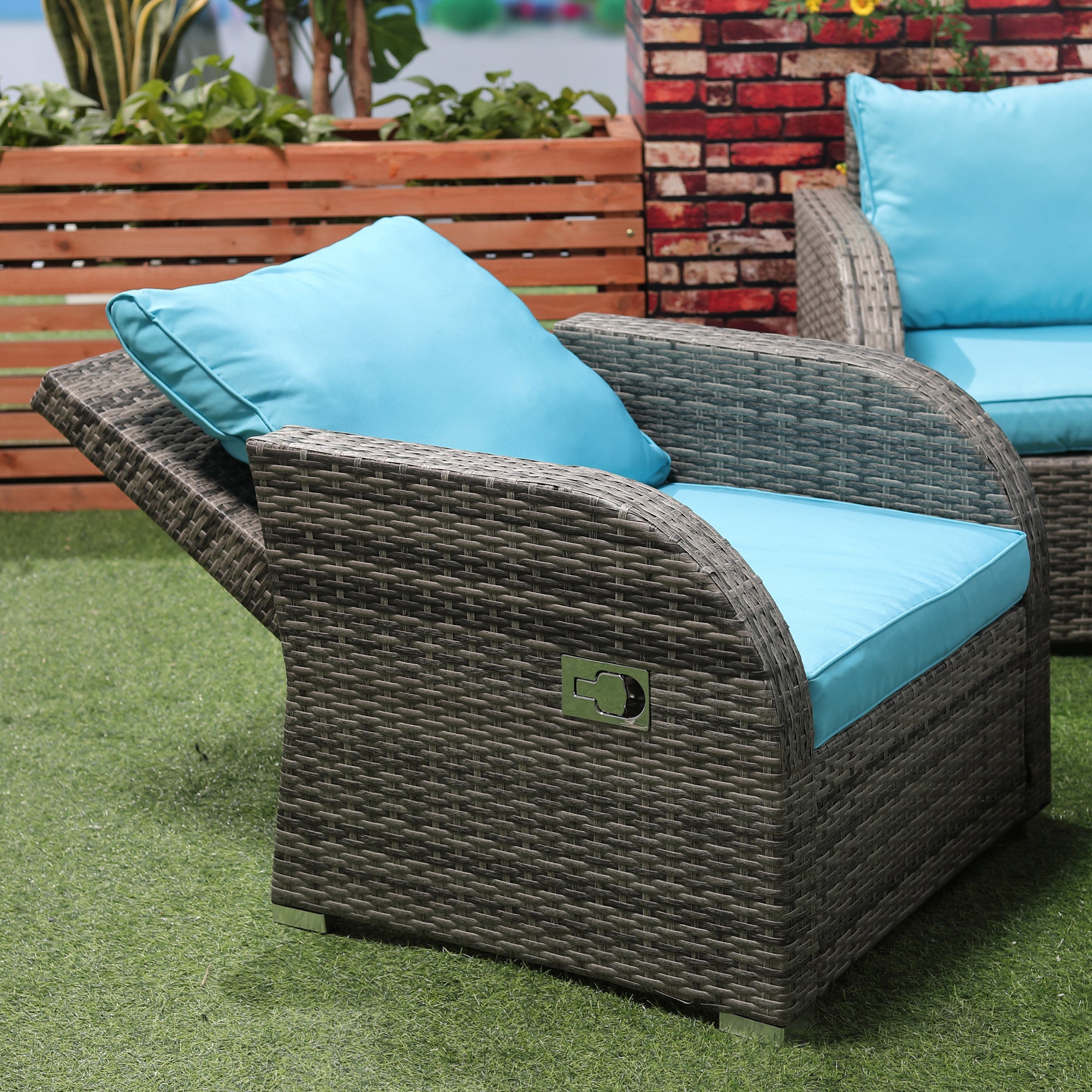 Outsunny 6 Pieces Patio Furniture Set, Conversation Set Wicker Sectional Set Cushioned Outdoor Rattan 3-Seat Sofa, 2 Adjustable Recliners, 2 Footstools & Table Set for Lawn Garden Backyard, Sky Blue