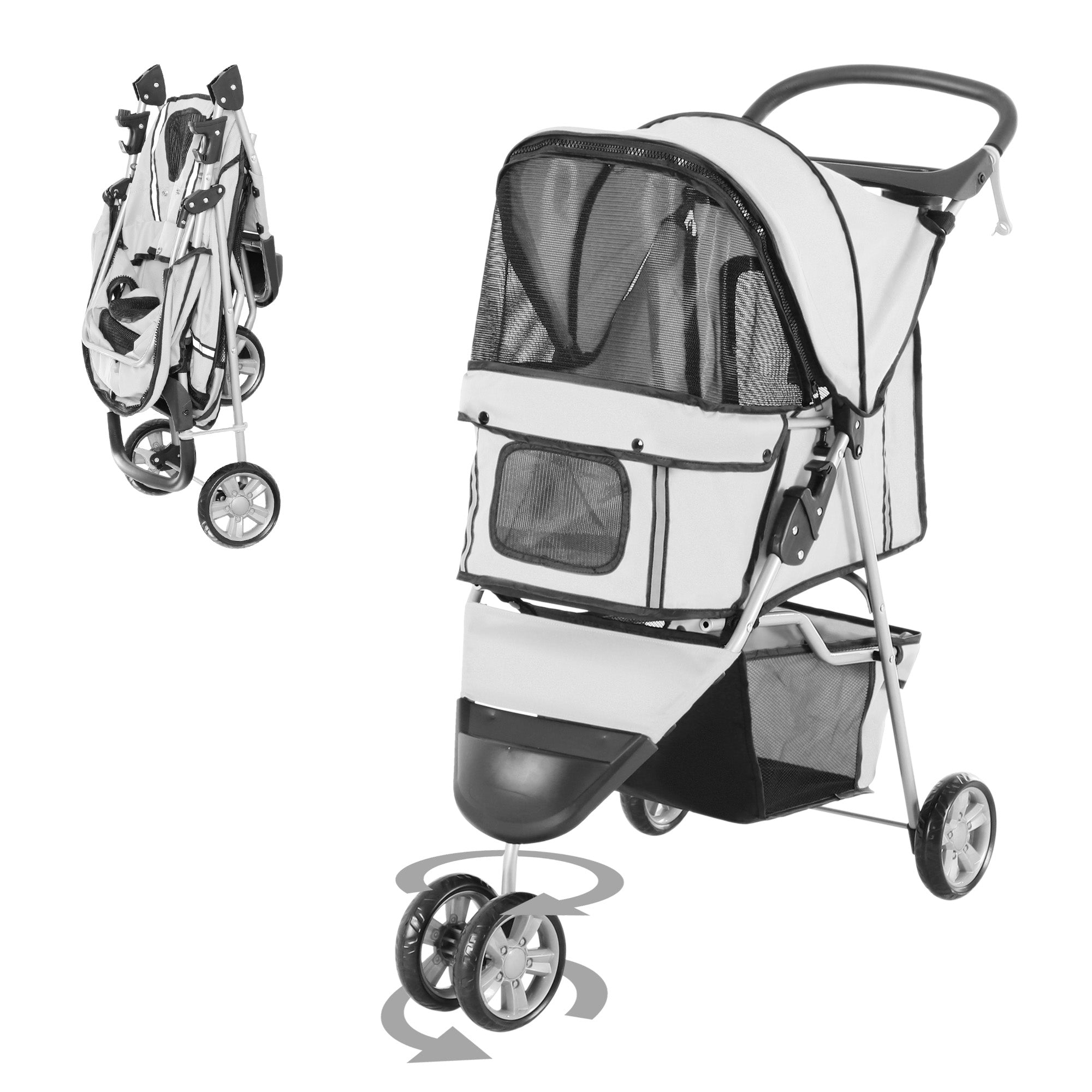 PawHut 3 Wheels Foldable Dog Stroller with Storage Basket, Adjustable Canopy, Cupholder for Miniature and Small Dogs, Grey