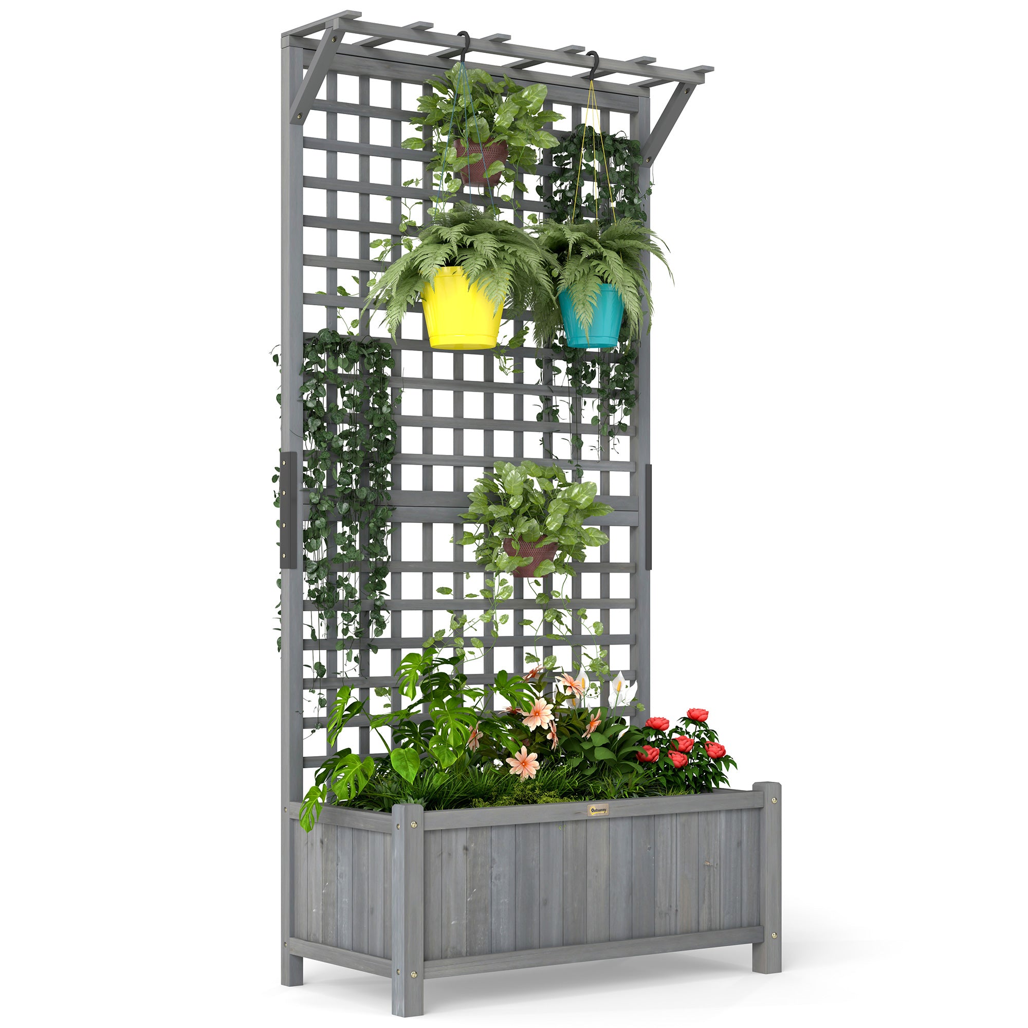 Outsunny Wood Planter with Trellis for Vine Climbing, Raised Garden Bed, Privacy Screen for Backyard, Patio, Deck, Dark Grey