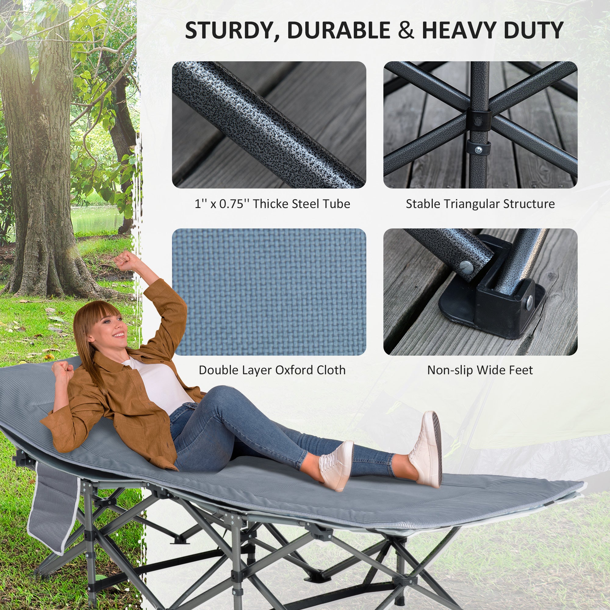 Outsunny Folding Camping Cot with Mattress & Pillow, Double Layer Oxford Heavy Duty Sleeping Cot with Carry Bag Dark Grey