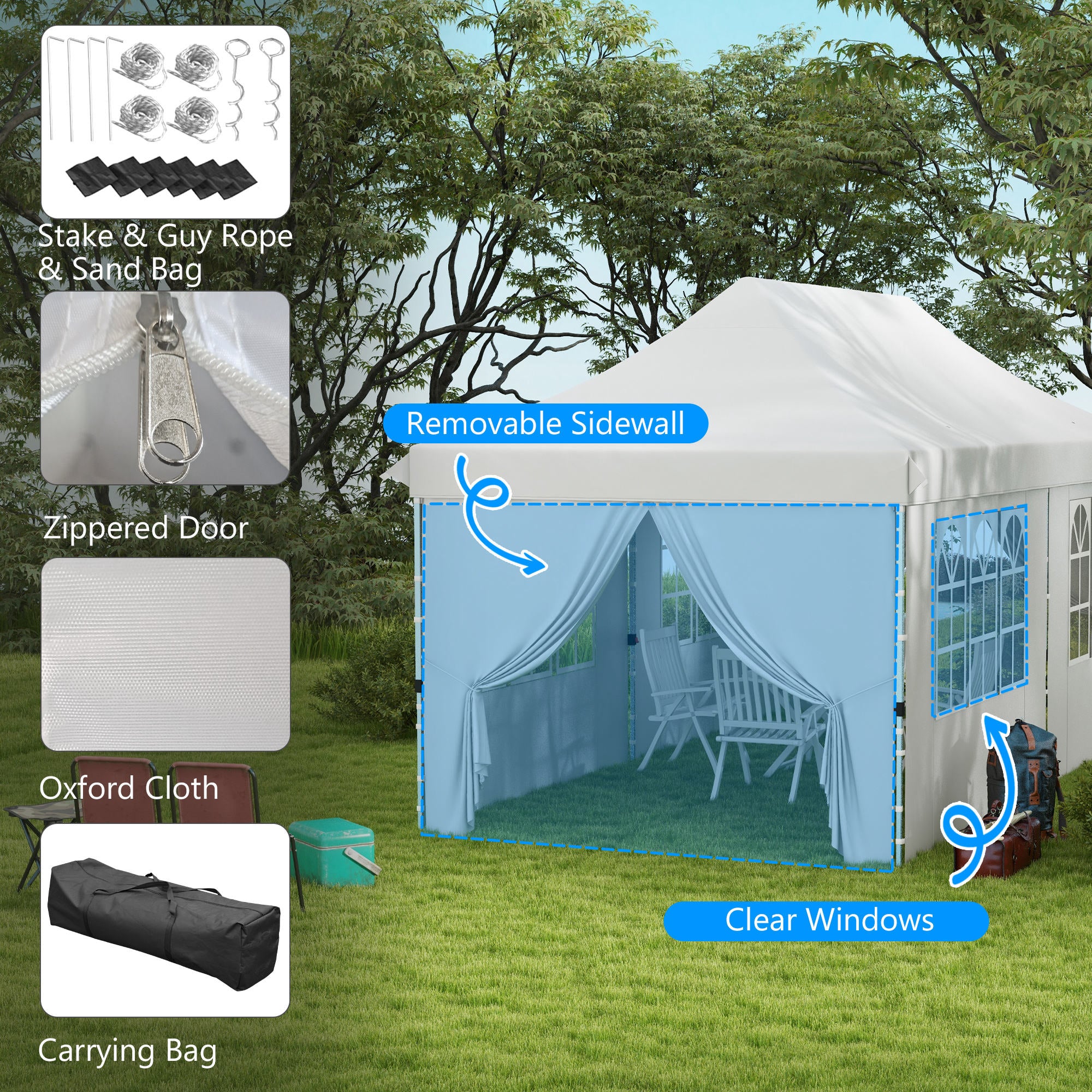 Outsunny 20x10 Pop Up Canopy with 6 Removable Sidewall, Carry Bag and 6 Sand Bags, Height Adjustable Instant Sun Shelter, White
