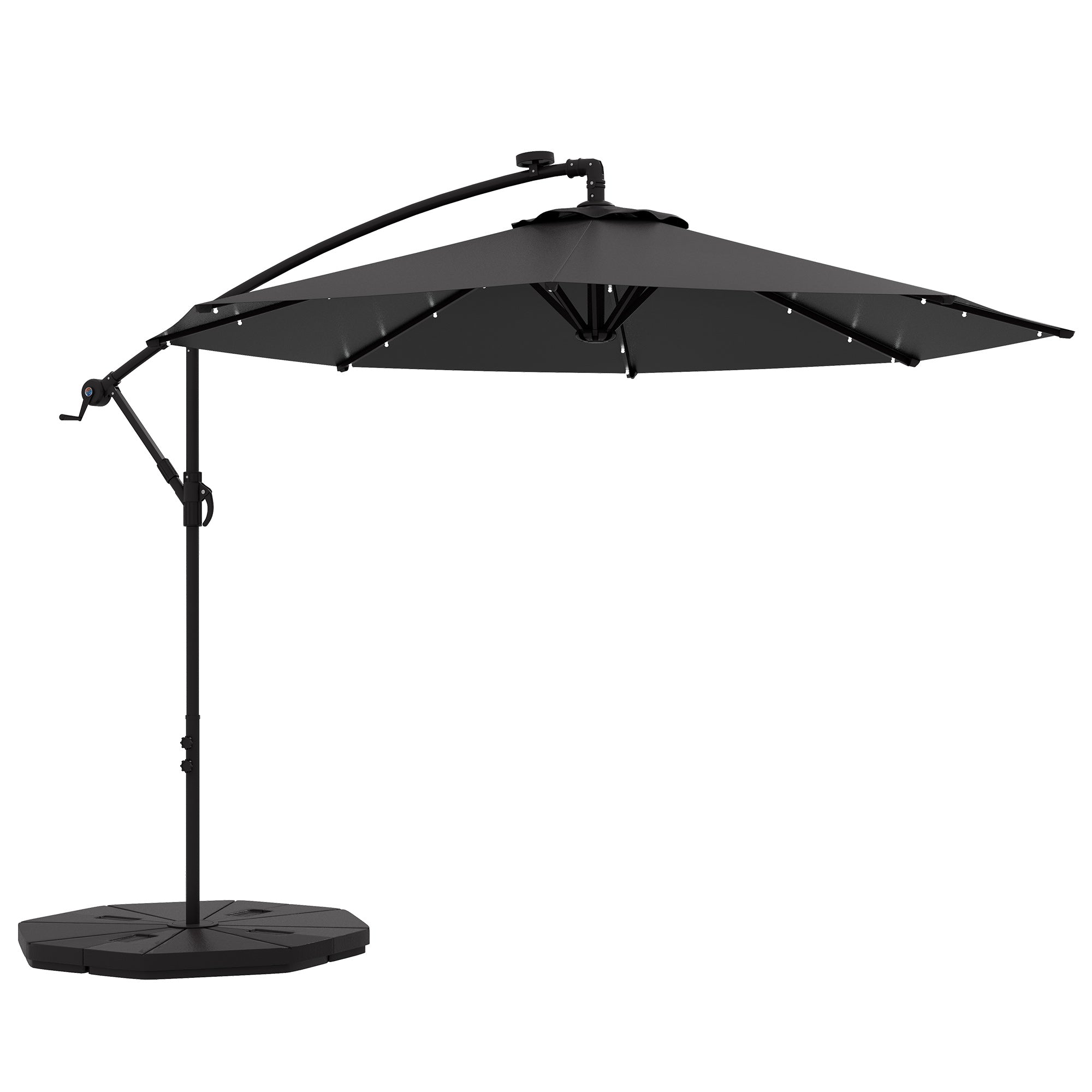 Outsunny 9.5' Offset Patio Umbrella Garden Parasol with Solar LED Lights and Weights, Dark Grey