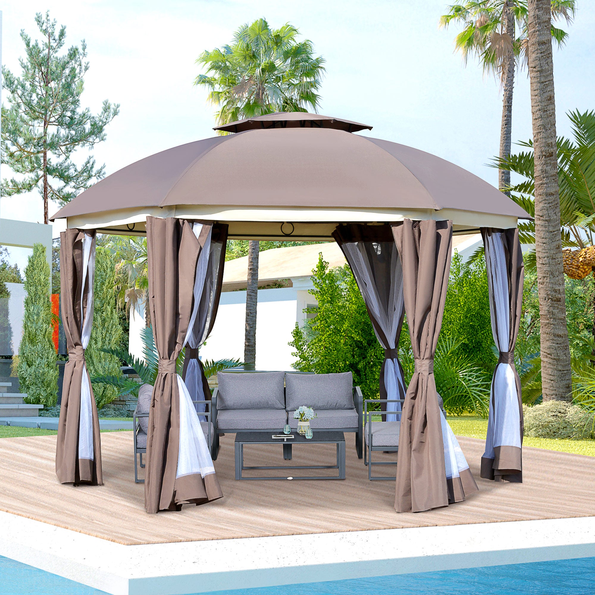 Outsunny 12' x 12' Outdoor Gazebo Canopy, Dome Patio Gazebo Netting Sidewalls and Curtains, Double Vented Roof, Brown