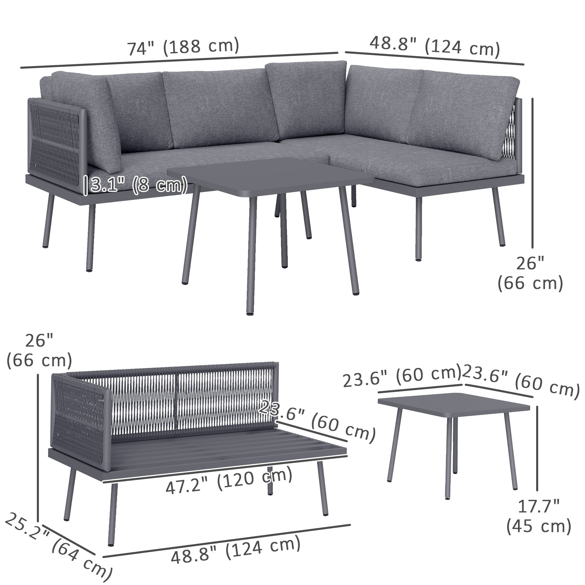 Outsunny 3 Pieces Outdoor Furniture Set, L Shaped Wicker Patio Furniture Conversation Set with Cushions, Steel Table, Grey