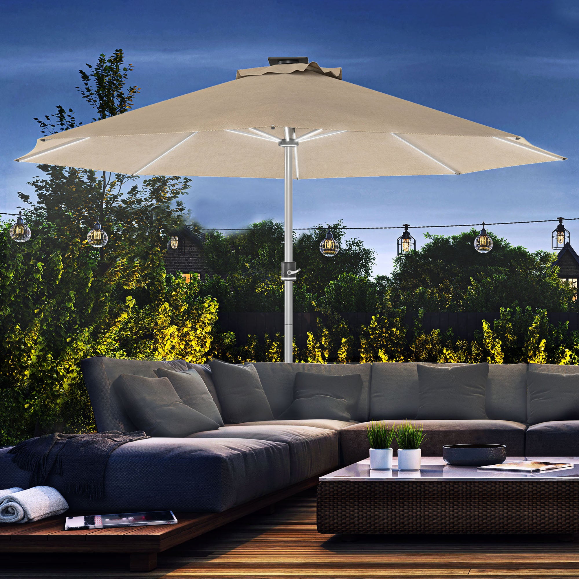 Outsunny LED Patio Umbrella, Lighted Deck Umbrella with 4 Lighting Modes, Solar & USB Charging, Khaki