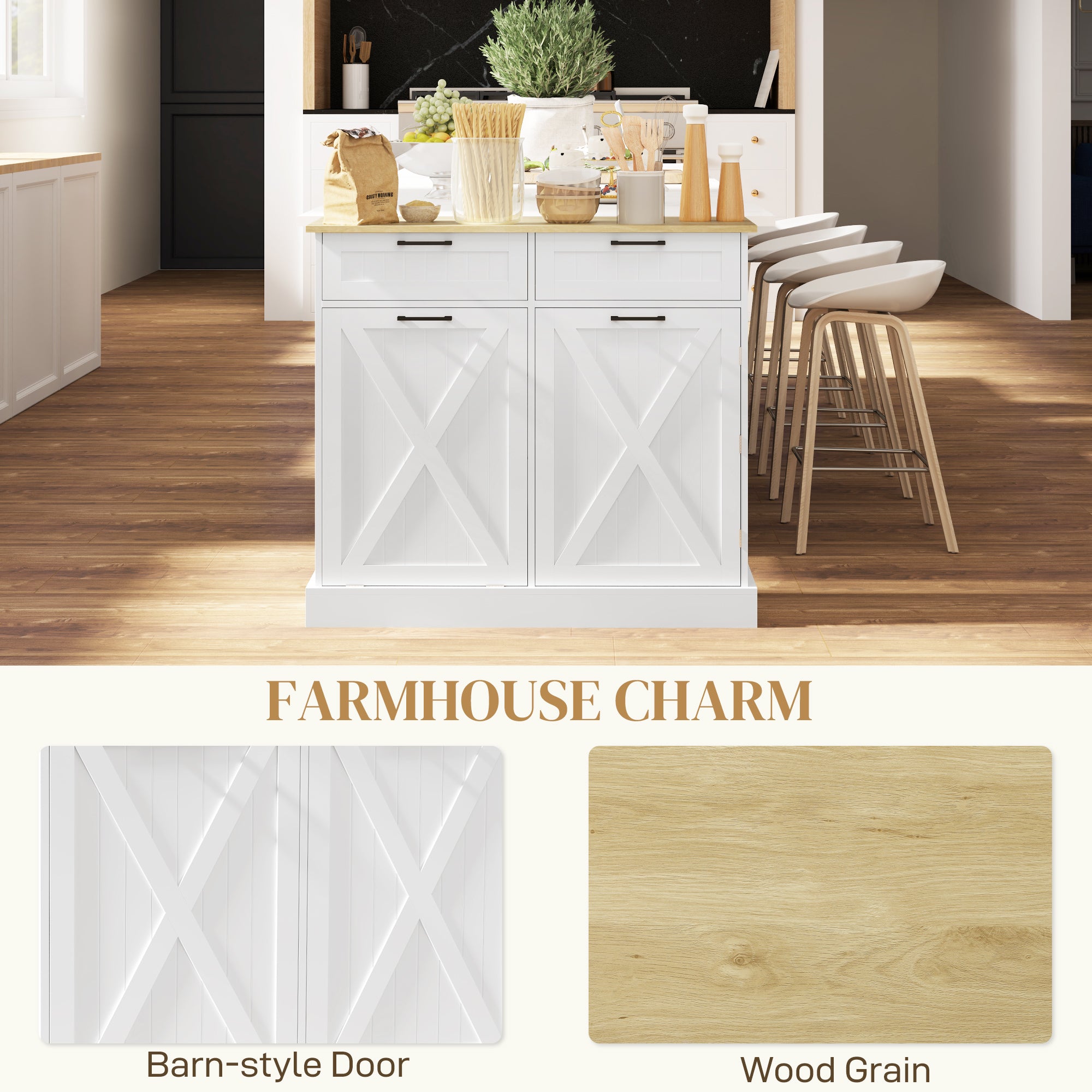 HOMCOM 10 Gallon Hidden Garbage Bin Cabinet, Tilt Out Trash Cabinet w/ 2 Drawers, Freestanding Kitchen Island, White