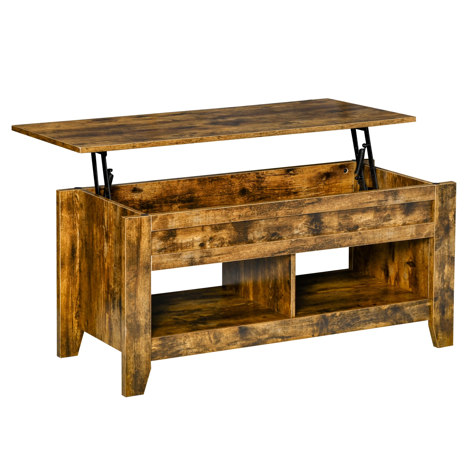 HOMCOM Lift Top Coffee Table with Hidden Storage Compartment and Open Shelves, Lift Tabletop Pop-Up Center Table for Living Room, Brown