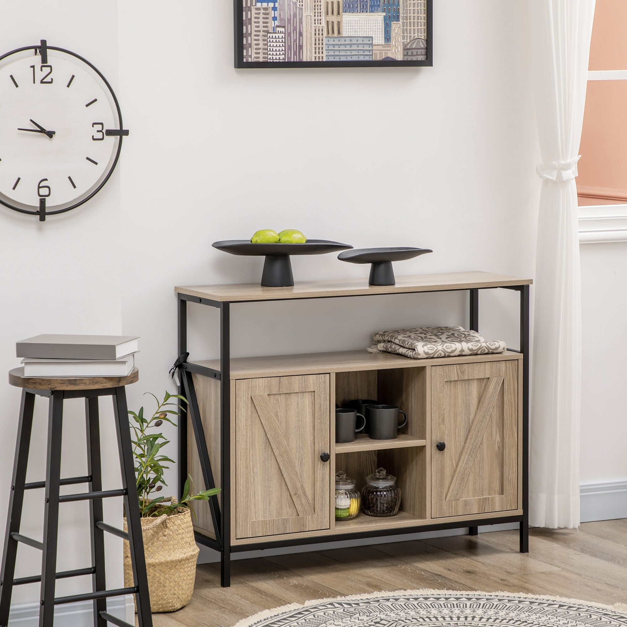 HOMCOM Farmhouse Buffet Cabinet, Kitchen Sideboard, Coffee Bar Table with Adjustable Shelves for Dining Room, Natural