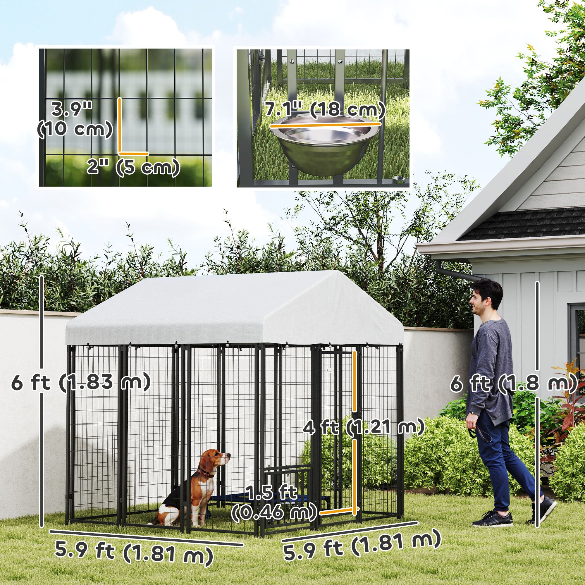 PawHut Outdoor Dog Kennel with Waterproof UV-Resistant Cover, Rotating & 4-Level Adjustable Feeding Bowls, 5.9 x 5.9 x 6 ft