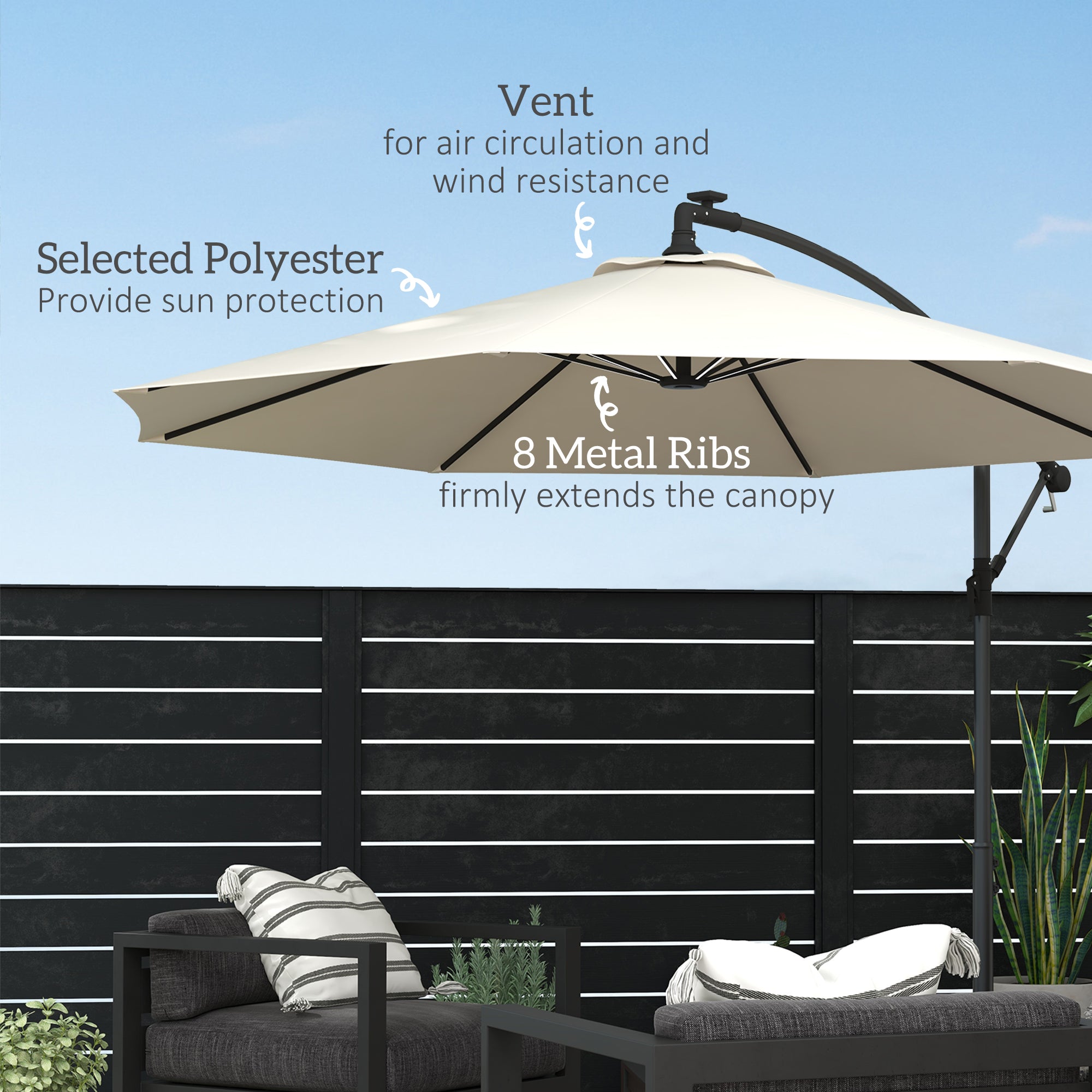 Outsunny 10ft Outdoor Cantilever Hanging Offset Umbrella with Solar LED Lights, Crank, Cross Base, Aluminum Frame, Beige