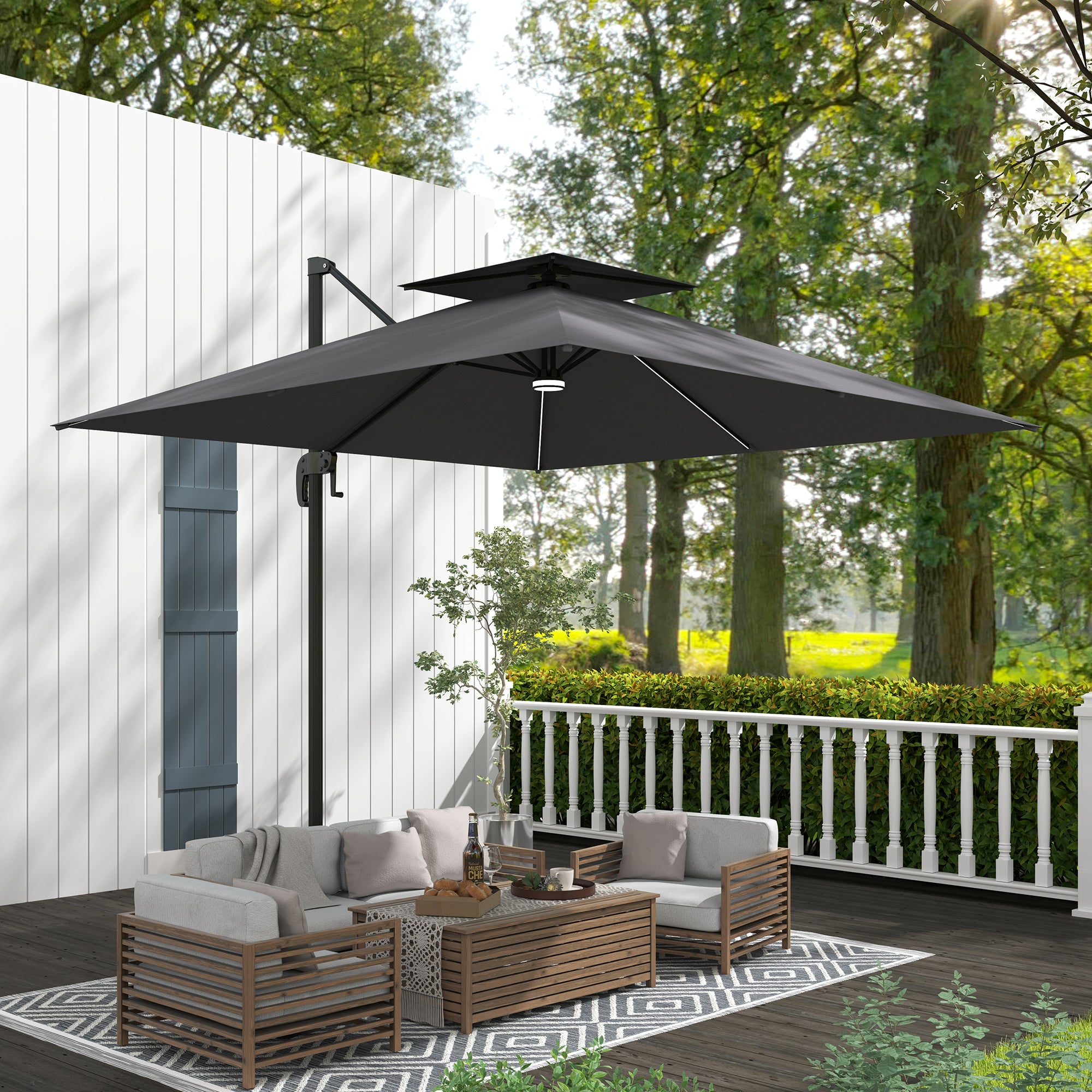 Outsunny 8' Cantilever Patio Umbrella with LED Lights, 360°Rotation, Tilt & Height Adjustment, Crank, Cross Base, Dark Grey