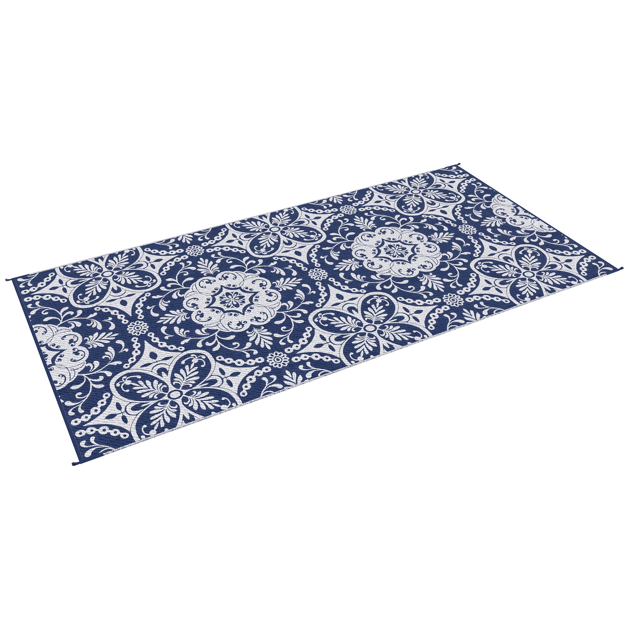 Outsunny Portable Outdoor Rug with Carry Bag, 9' x 18' Reversible Mat, Waterproof Plastic Straw RV Rug for Backyard, Deck, Picnic, Beach, Camping, Blue & White Flower