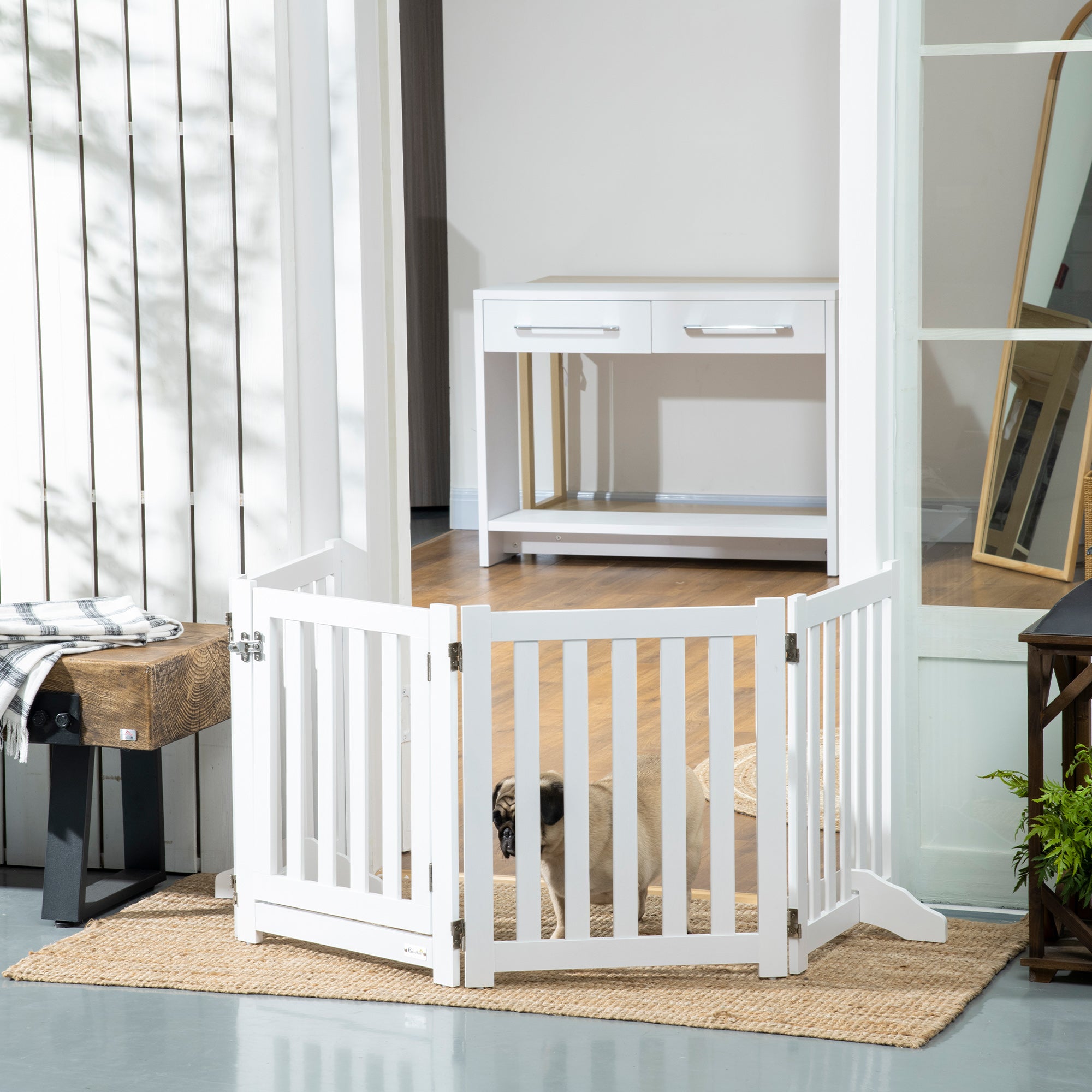 PawHut 23.5"H Foldable Dog Gate with Door, 4 Panels Freestanding Pet Gate Barriers Indoor with Support Feet, Puppy Fence for Small Dogs, White