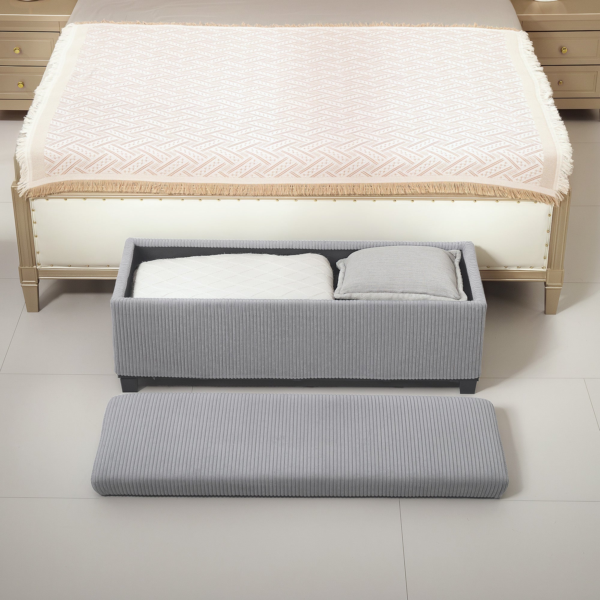 HOMCOM 44 Inches Ottoman with Storage, Lid, Legs, Corduroy End of Bed Bench for Living Room, Bedroom, Entryway, Light Grey