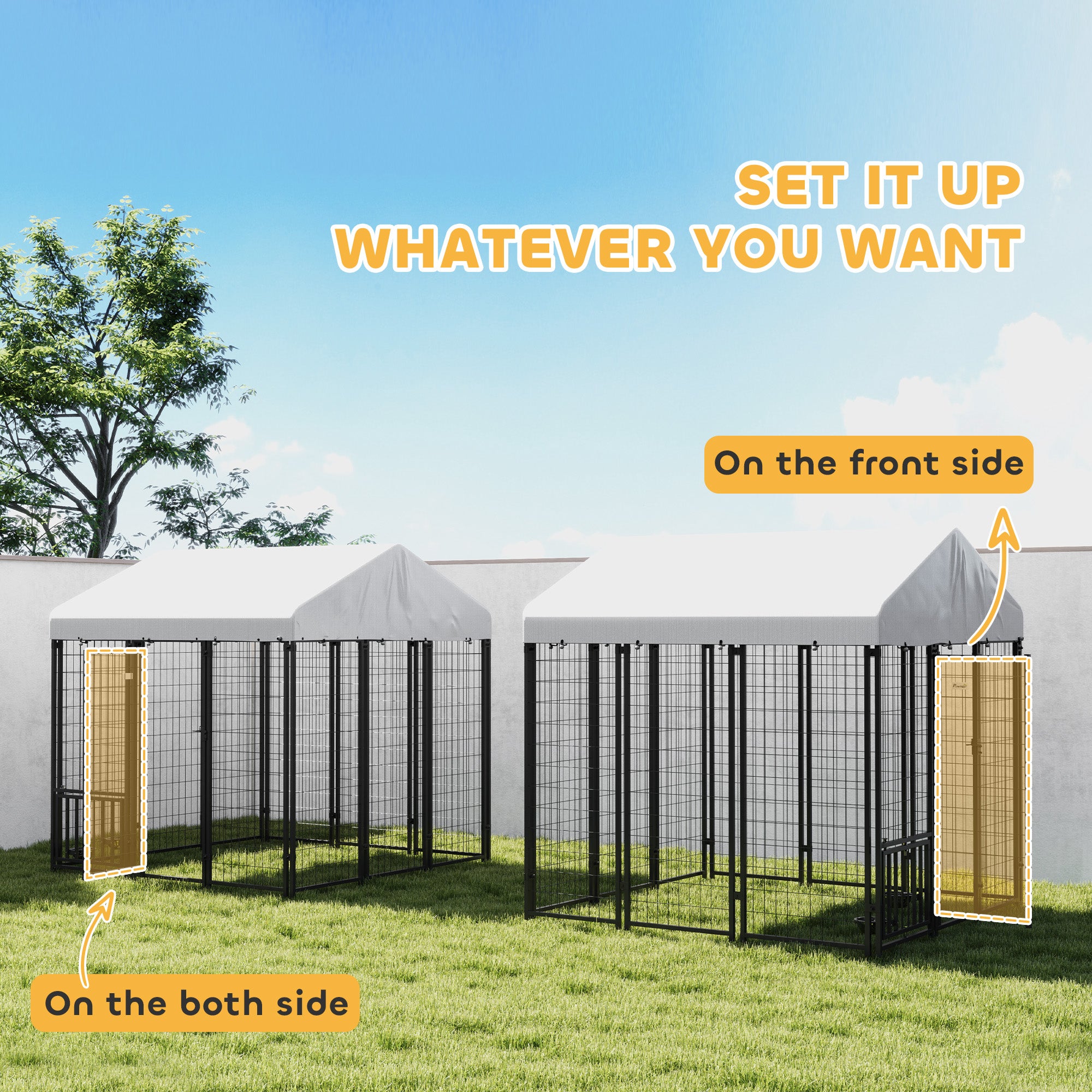 PawHut Outdoor Dog Kennel with Waterproof UV-Resistant Cover, Rotating & 4-Level Adjustable Feeding Bowls, 5.9 x 5.9 x 6 ft