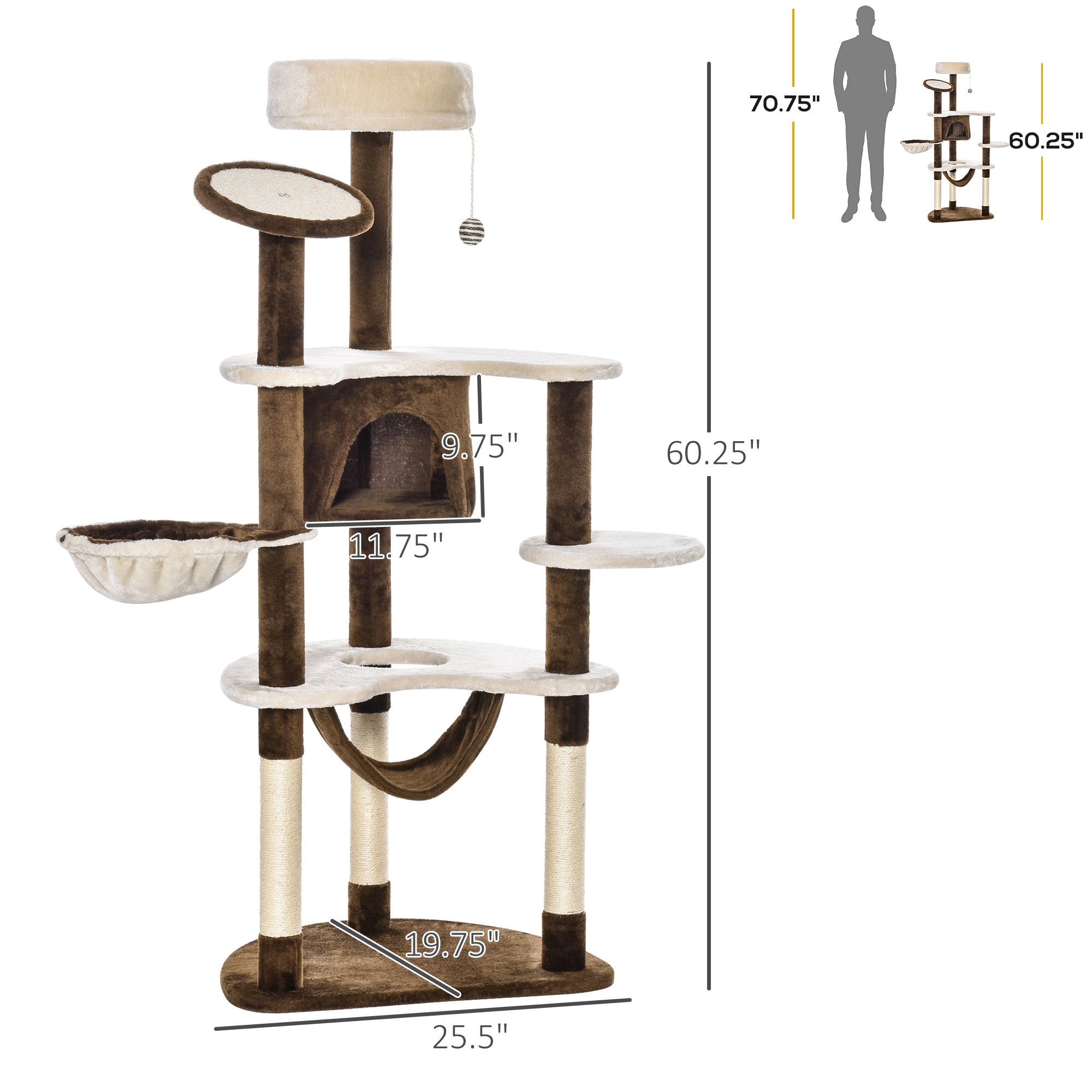 PawHut 60" Cat Scratching Tree, Cat Bed Condo Post House Pet Furniture Toys-Brown & Tan