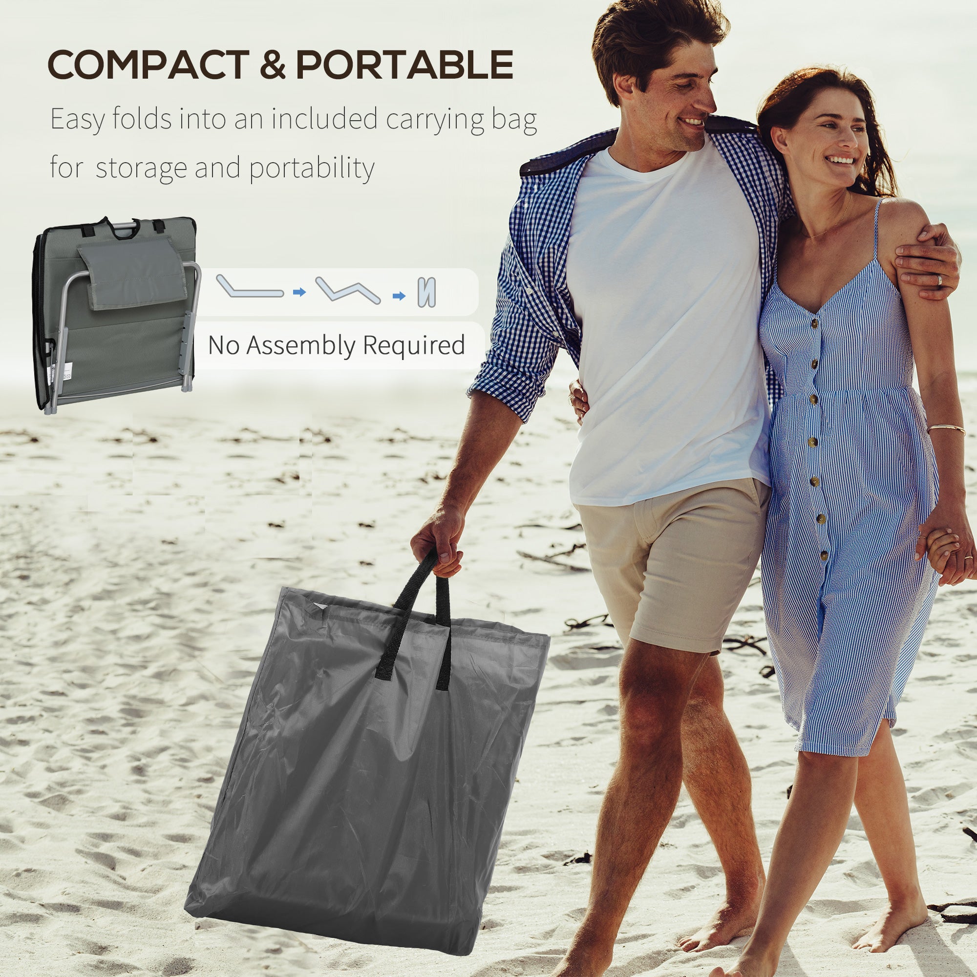 Outsunny Set of 2 Sun Lounger Beach Mat Folding Lounge Chair Mat with Adjustable Back Steel Frame Head Pillow Carry Bag Grey