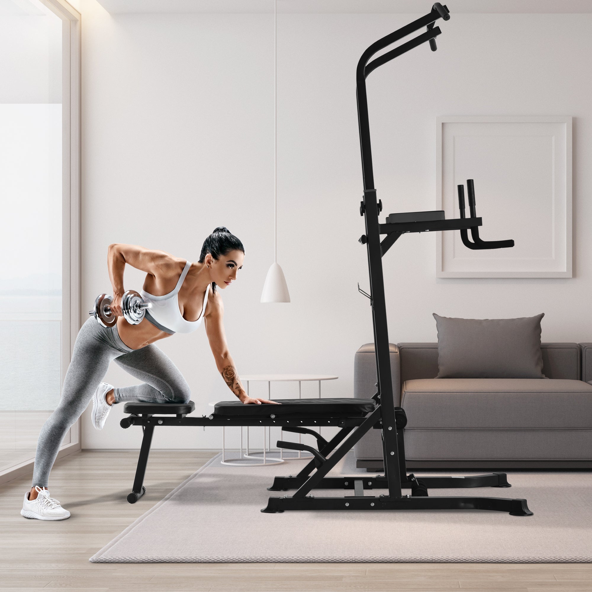 Soozier Foldable Power Tower Pull Up Dip Station with Adjustable Weight Bench for Home Gym Strength Training Fitness