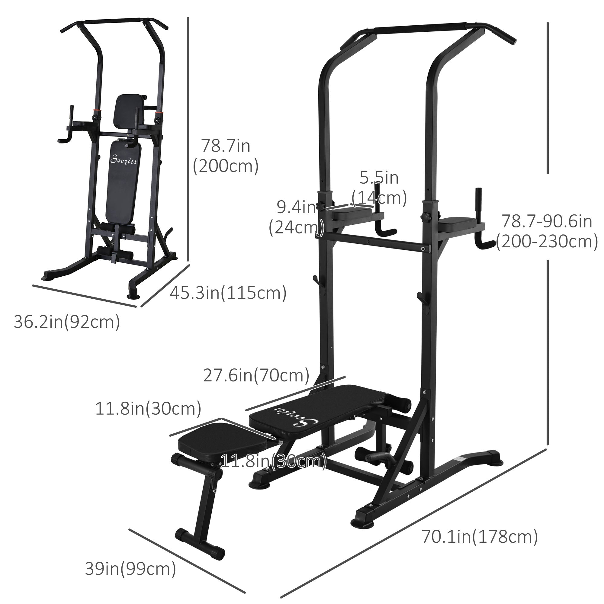 Soozier Foldable Power Tower Pull Up Dip Station with Adjustable Weight Bench for Home Gym Strength Training Fitness