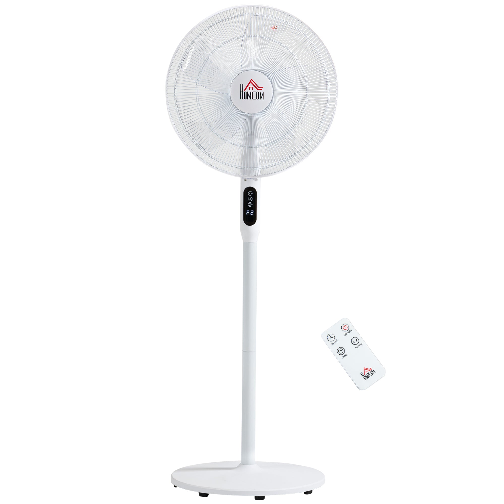 HOMCOM Floor Standing Fan with Remote Control, Oscillating, LED Screen, Stand Up Cooling Fan, Tall Pedestal Electric Fan for Home Bedroom, White