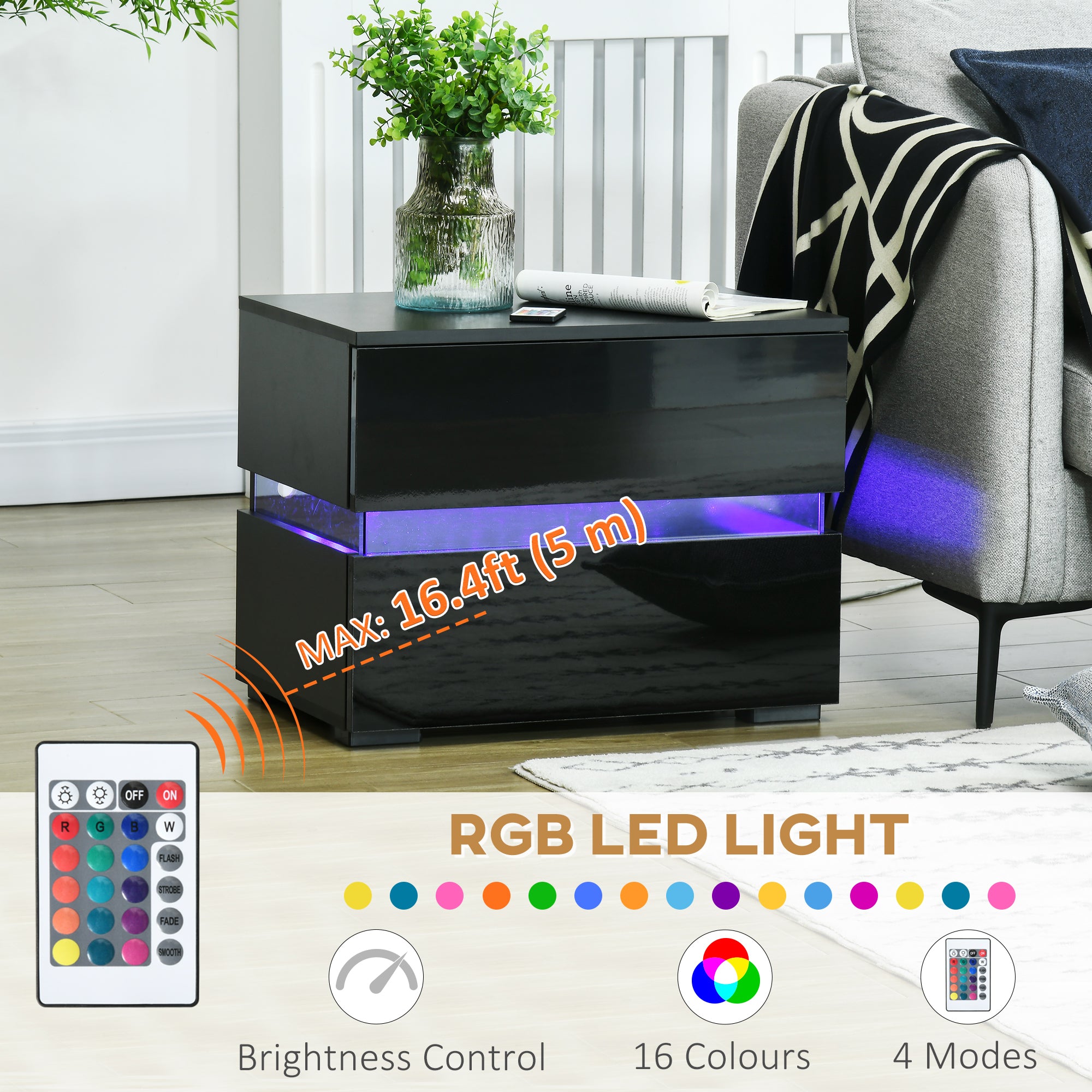 HOMCOM Modern Nightstand, Bedside Table with 2 Drawers, USB Powered RGB LED Lights, Remote for Bedroom, Black