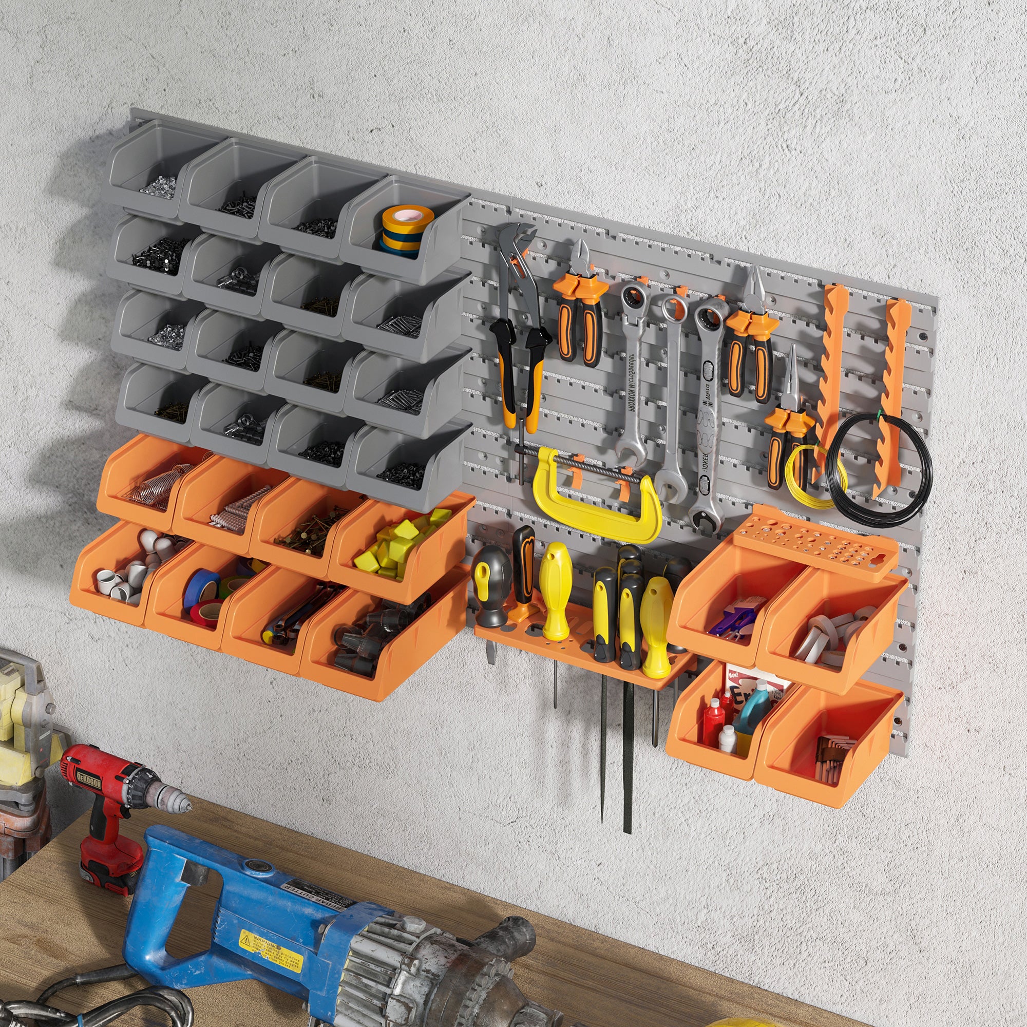 DURHAND 44PC Wall Mounted Storage Bins Parts Rack Kit with Storage Bins, Pegboard and Hooks, Garage Plastic Organizer, Orange