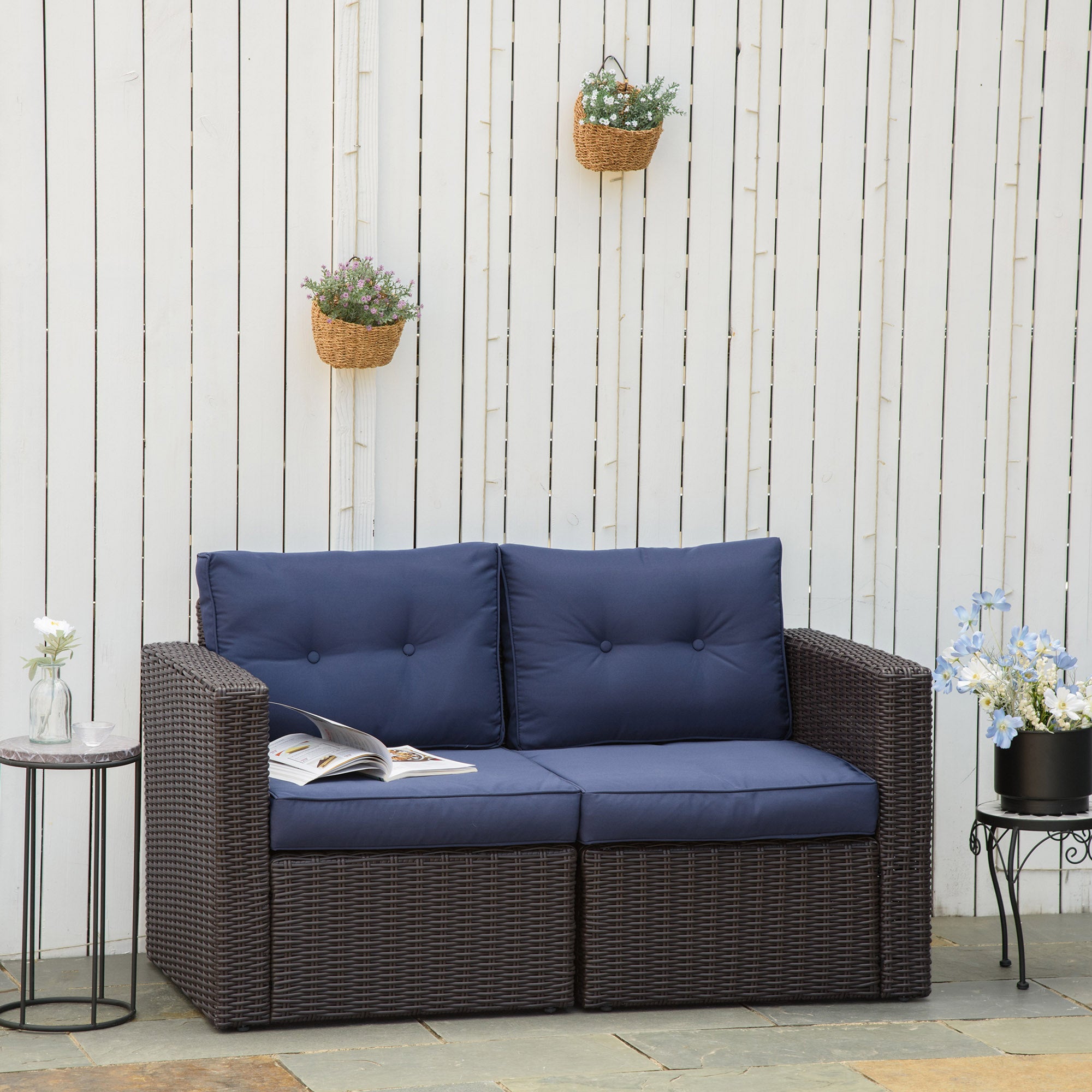 Outsunny 2 Pieces Patio Furniture Set Outdoor Loveseat Wicker Corner Sofa Set Outdoor Freely Combination PE Rattan Furniture, W/ Curved Armrests & Padded Cushion for Balcony, Garden, Lawn, Dark Blue