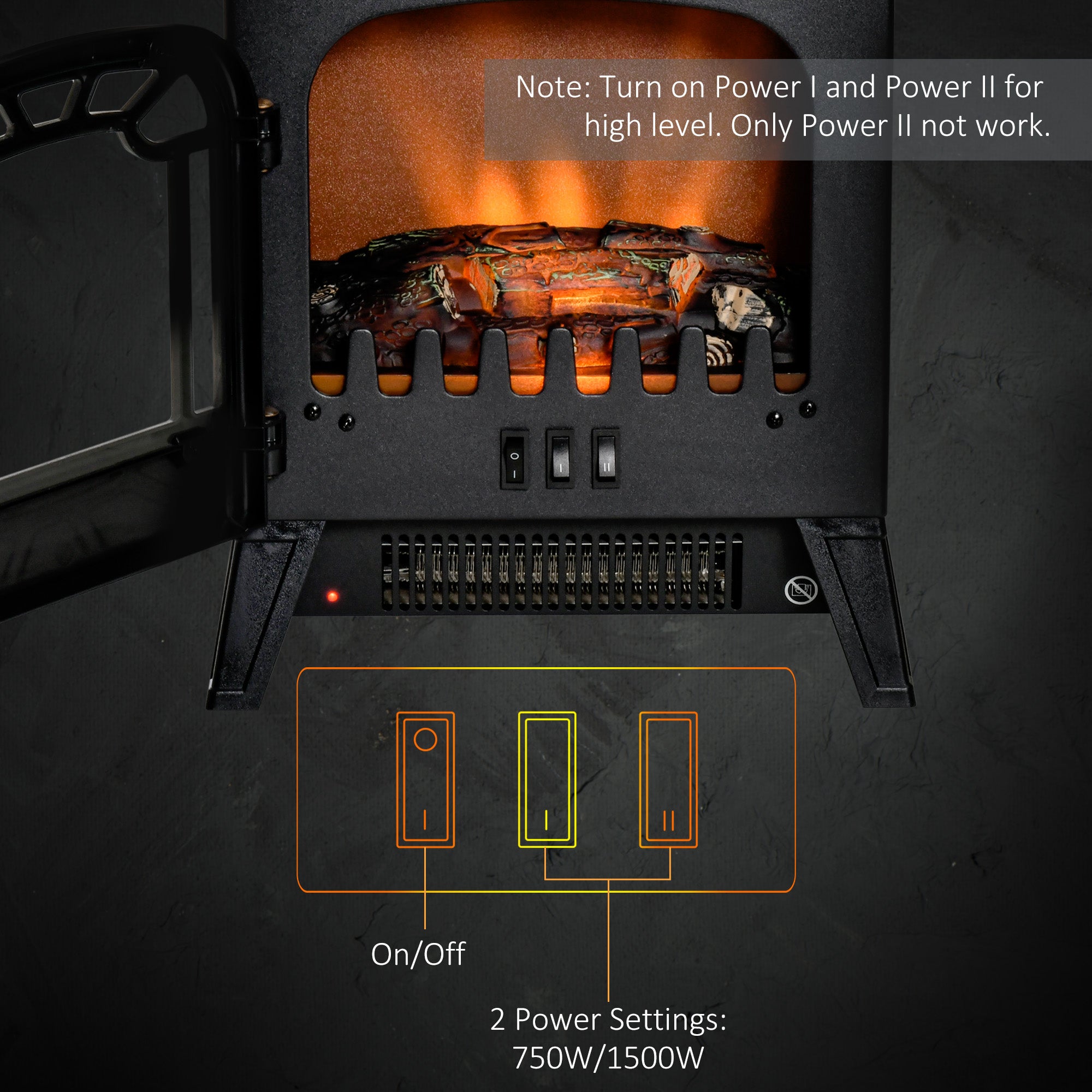 HOMCOM Freestanding Electric Fireplace Stove Heater with Realistic Flame Effect, Overheat Protection, 750W/1500W, Black