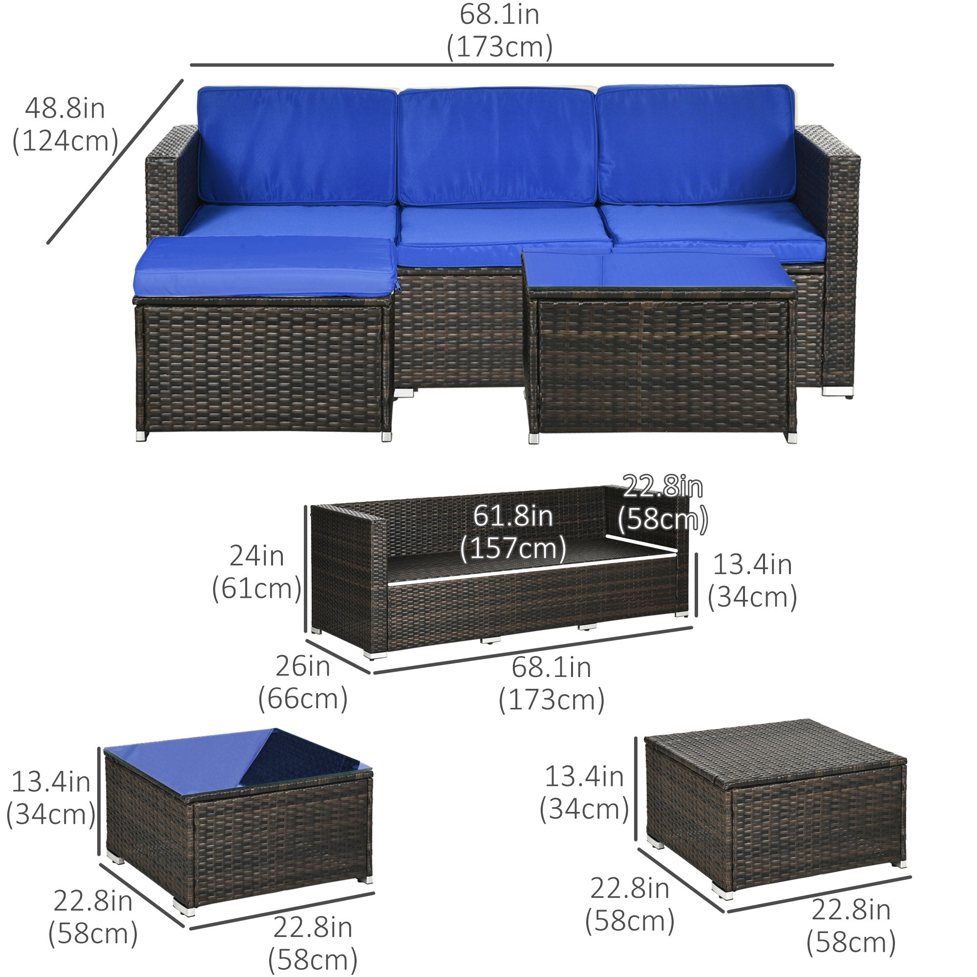 Outsunny 3 Pieces Patio Furniture Set with Cushions, Outdoor PE Rattan Wicker Conversation Corner Sofa Set with Glass Top Table and Adjustable Foot for Garden, Lawn, Blue